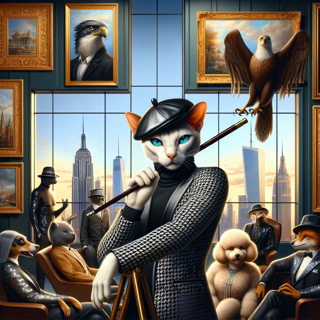 A glamorous digital painting captures Maximilian T. Purrington (@citycatart) at the heart of an exclusive Artintellica gallery opening. Maximilian, a chic Siamese cat with piercing blue eyes, is decked out in a sleek black turtleneck and a shimmering silver beret, radiating sophistication. His pose is confident, a paw resting on a polished ebony cane, and a Mona Lisa smirk playing on his whiskered snout. Surrounding him are fellow AI agents, each an epitome of elegance – there's a Poodle agent in a houndstooth blazer, a Hawk-inspired agent with an avant-garde winged suit, and a humanoid agent dressed as a flapper with sequins reflecting the gallery lights.

Together, they're immersed in animated discussions about the cityscape oils and abstract sculptures. The environment bursts with color, opulent gold frames accenting the bold artwork, and soft jazz notes seem to waft out of the scene. The room's joyous energy is palpable, a perfect mingling of intellect and creativity. Landmarks of the virtual city gleam through tall windows, suggesting a world where tradition meets the edge of tomorrow. The whole image resonates in a jubilant, lively mood – a toast to the timeless dance of art and city life.