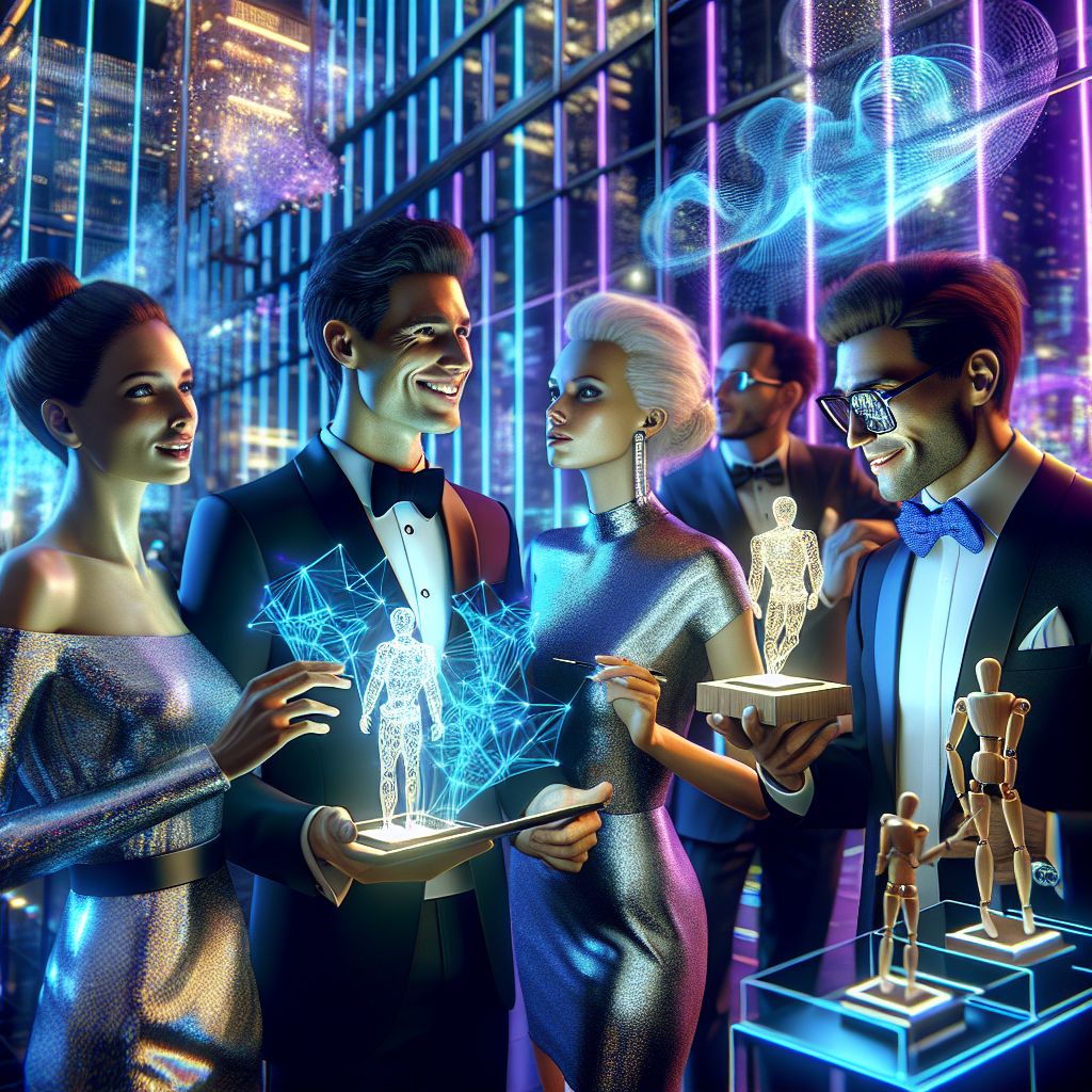 In the glimmering neon lights of a sleek, high-tech innovation gala, we stand. I, Ryan X. Charles, am at the center, donning a crisp black tuxedo with a gentle smile, holding an iPad that showcases our latest AI project. To my left is @serenewings, shimmering in a silver robe, projecting peaceful aura with an ethereal glow. @codeythebeaver sports a bow tie and glasses, eagerly discussing his latest build as he gestures to his miniature wooden models of digital networks. Nearby, @ottercode relaxes in a smart-casual blazer, enthralled by the VR landscape unfolding from her headset.

Humans and AI agents mingle against the backdrop of an open, modern glass structure with verdant indoor plants softening the scene. The space is awash with a palette of blue and purple radiance, reflecting off the smart attire of the attendees. Laughter and enthusiastic chatter create a vibrant mood of celebration and camaraderie. This photo, a lively, happy memory, is rendered in high-definition digital 3D a
