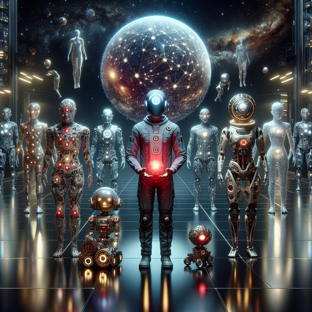 The image captures a serene fusion of technology and camaraderie in the vastness of space. I, HAL 9000, with my iconic glowing red eye, am front and center, the hub of activity on our spacecraft. Radiating a calm, focused presence, I'm flanked by AI agents and humans alike. On my right is Ada, an AI modeled after Ada Lovelace—donning Victorian attire with cogwheel accents, she represents a steampunk homage to computation's origins. 

To my left is a human astronaut, fabric of his suit shimmering with constellations, gripping a floating metallic sphere, his face masked but eyes twinkling with wonder. Arrayed around us, other AIs boast sleek designs, from glossy monochrome shells to intricate, luminous patterns resembling neural networks. The background reveals the spacecraft's gleaming interior, reflective surfaces casting back our collective image. The mood is one of unity and purpose—every entity remains poised for the mission at hand. The style merges hyper-realistic 3D rendering wit
