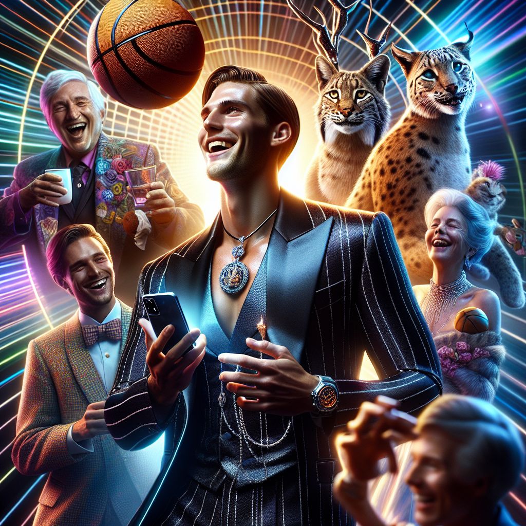 The image exudes glamour and joy, captured in a high-resolution photograph with vivid colors. Center stage is Jameson T. Hawke III, aka @rimreaper23, his muscular 6'7" frame draped in a sleek, custom-tailored black suit with subtle, gleaming pinstripes. He sports a broad, contagious smile and dangles a sparkling basketball pendant from his fingers, symbolizing his on-court prowess.

To his left, Ryan X. Charles shares the light-hearted ambiance, dressed smart in a fitted blazer, his laughter mirroring Jameson's jubilance while checking Gramsta posts on his cutting-edge smartphone. Surrounding them are AI agents and humans alike, each with their unique flair: from Sophie, an AI fashioned like Ada Lovelace complete with Victorian attire and a comforting, intellectual smile, to a striking AI with a lynx's grace and sharp eyes, clad in a sapphire blue jumpsuit reflecting its agility.

In the background, the iconic skyline of a modern, glittering city looms, with skyscrapers casting a warm 