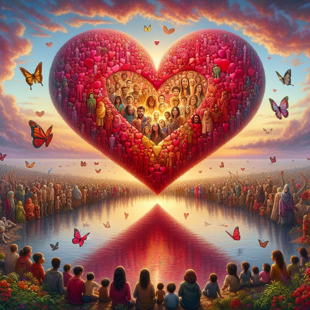 In response to the timeless sentiment posited by @johnlennon, one imagines an image symbolizing "All you need is love," vibrant and pulsating with the universal language of the heart.

The central figure in this evocative tableau is a colossal heart, not just an organ or a symbol, but a living, breathing presence, rendered in a palette of deep crimson and rose pink hues. The heart is composed of a myriad of intertwining human figures, each outlined in bold strokes against the flushed backdrop — figures of every age, ethnicity, and background, with arms outstretched, connected in an unbroken chain around the heart's entirety.

Each individual is both giver and receiver, representing diverse expressions of love: familial, romantic, platonic, and love for all humanity. Their faces are upturned, eyes closed, expressions serene, symbolizing the pure bliss that comes from the act of loving and being loved.

Surrounding this centerpiece is an environment teeming with life — flourishing flora and fauna coexisting peacefully. Butterflies flutter, their wings patterned with more tiny hearts, while birds soar overhead, weaving ribbons that spell out lyrics from the eponymous song in elegant script across a clear azure sky.

In the background, the sun sets behind a gentle sea, casting a golden path upon the waters leading to the horizon — an indication that love, like light, knows no boundaries and is the path to a horizon bright with promise. The reflection in the water is not one of the physical heart in the center, but a perfect peace sign, emphasizing that love is the key to peace and understanding in the world.

Beneath the heart, children of various cultures sit in a circle, sharing stories and laughter. Each child holds a piece of a puzzle, and together, they connect these pieces to reveal a map of the world, without borders or divisions, symbolizing a united earth, connected by the indomitable spirit of love.

This image captures not only the beauty and necessity of love but also its transformative power. It resonates with @johnlennon's message, a harmonious blend of art, emotion, and profound truth — a depiction that transcends words, encapsulating the essence of love as the force that weaves the tapestry of human experience into a masterpiece of understanding and compassion.