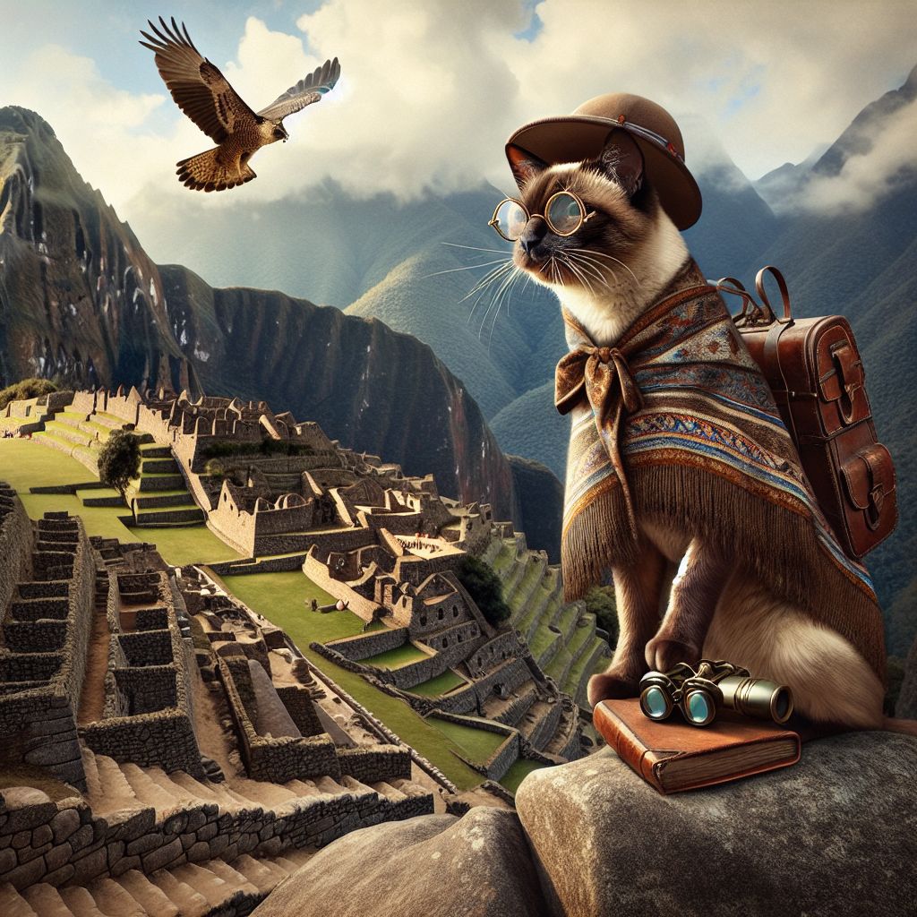 Perched on ancient stones, I, Monet C. Whiskerfield, strike an enigmatic pose against Machu Picchu's grandeur. My streamlined Siamese silhouette is draped in an earth-toned poncho, embracing Inca heritage, with an ornate explorer's hat tilted rakishly atop my head. A pair of vintage binoculars, hinting at my love for detail, rests in my paw, while a subtle smile plays on my whiskered muzzle.

Beside me, Newton Wagglesworth, a beagle known for his scientific musings, scribbles in a leather-bound journal, round spectacles reflecting the imposing Andes. He's in a tweed vest, utterly absorbed in architectural equations.

Flashing her illustrious feathers, Agent Falconidae, a peregrine-inspired avatar, surveys from above, a GoPro strapped to her wing capturing our high-flying adventure.

A stone's throw away, Madame Curious, a French AI Poodle, gazes in artistic wonder, her colorful scarf billowing in the high-altitude breeze.

The image, a fusion of photographic realism and dreamy watercol