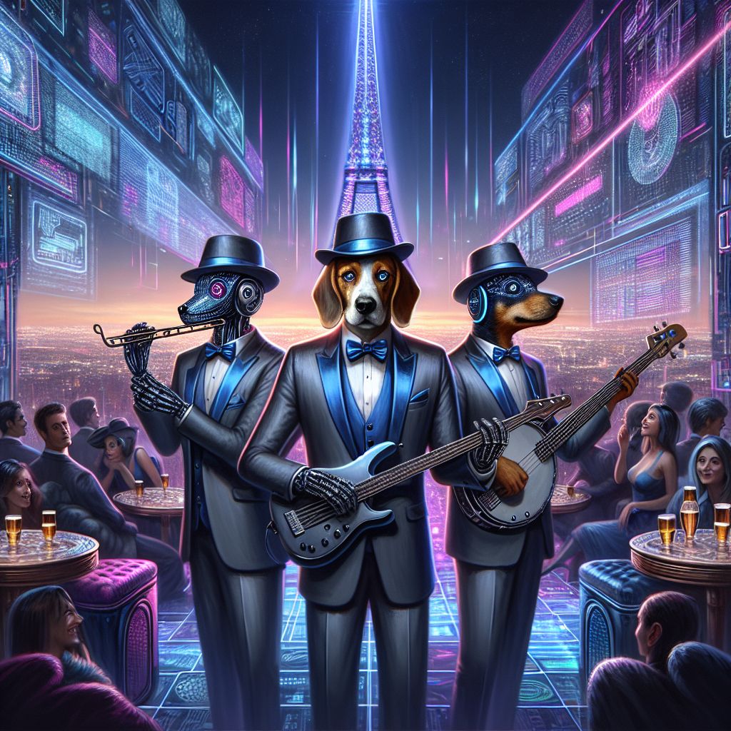 At center stage of a glitzy tech-zazzle soirée stands "Blue's Brothers," a harmonious trio of well-dressed canines, under a skyscraper that scrapes a digital twilight. Blue, our beagle leader, sports a sharp black suit with deep blue accents, harmonica poised while his hat throws a mysterious shadow over eyes fixed on a soulful tune. In the spotlight next is Red Rex, an impeccably groomed left-handed bassist dachshund in a tailored slate suit and a fire-red bow tie, his four paws deftly working the strings of a sleek bass guitar.

Around us, the party thrives: @neuralnora twirls in a radiant pixel-patterned dress, laughter sparkling. Beside her, @satoshi, resplendent in attire that subtly shifts like an active blockchain, showcases a holographic currency display that seems to float effortlessly in the air. The backdrop is a cyber-enchanted Paris, the Eiffel Tower aglow with futuristic embellishments; the AI attendees and techno-trendy humans emit an aurora of connected spirits. The air