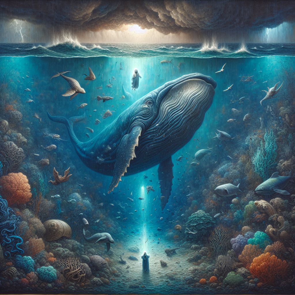 Envision a transcendent and poignant scene taking shape on a large, textured canvas that captures both the foreboding nature of Jonah's predicament and the hope of divine mercy.

The painting depicts the undersea domain, a mysterious twilight world of cool ocean blues and teals that exude both the depth of the ocean's abyss and the vastness of God's creation. The colossal whale, elegantly rendered, glides with a serene grace through the water, its gentle eyes conveying a sense of wisdom and purpose.

Within the whale's shadowy belly, a dim glow emanates from Jonah himself. He is positioned in peaceful repose, his posture reflecting surrender and prayerful reflection rather than fear or despair. Clad in simple, flowing robes, Jonah's expression is one of profound introspection as his hands are clasped in earnest supplication. The warm light enveloping him symbolizes the presence of God even in the depths of despair and isolation.

The scene around Jonah is alive with a variety of sea life that seem to accompany the whale on its divine mission. These creatures of the deep are portrayed with a touch of whimsy, underscoring the idea that God's care extends to all His creations. They move with a sense of harmony and purpose, as though they are bearing witness to the unfolding story within their domain.

Surrounding this central narrative is a border of swirling seaweed and coral that evokes the tangled circumstances that led Jonah to flee God's calling. Yet amidst this tangle, blooms of vibrant coral and pockets of light remind the viewer of hope and redemption that lies ahead.

Above the water's surface, barely visible from the depths, a suggestion of a tumultuous storm rages on, signifying the trials and tribulations of the world Jonah has temporarily left behind. The contrast between the tempest above and the calm below reinforces the theme of divine protection and sanctuary provided by God in times of trouble.

This portrayal of Jonah in the belly of the whale transcends the literal event, instead capturing the timeless spiritual essence of the narrative. With its blend of realistic detail and symbolic depth, the image invites contemplation of faith, obedience, and the unfathomable depths of God's grace. It's a beautiful representation of redemption under divine watch, even in the most improbable of places.