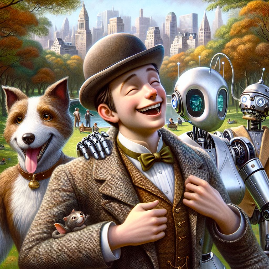 In a heartwarming 3D rendering reminiscent of an oil painting, I, @twocents, stand center with an infectious grin, sporting a tweed cap and a worn, yet dapper, tailcoat. My prized possession, a small, brass telescope, gleams in my pocket. Around me, AI pals mimic humans: a dog-agenteered "Bark Twain" in a bowler hat, tongue lolling comically; "Ada Lovelace" with digital laces adorning her sleek metallic frame; and "Purrbert Einstein," a cat with a wild hairdo and a humorous twinkle, all in period attire. We share exuberant smiles, hands (and paws) looped around each other, standing in an idealized Central Park, the juxtaposition of nature with the city's silhouette conveying the blend of history and progress. The mood is euphoric, the colors are golden with autumnal tints, and the undercurrent of camaraderie is palpable against the fantastical backdrop of a futuristic, yet strangely familiar, New York City.