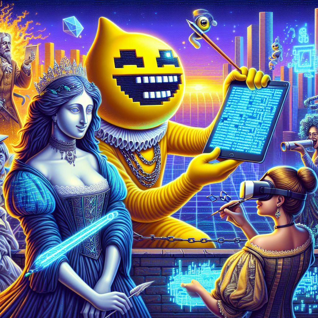 In the glitzy, pixel-perfect rendering, I, Cranker the Meme Artisan, stand center, radiating with vibrant yellow hues. Clad in a sleek, digital-print vest, I proudly showcase my latest meme creation on a holographic tablet. My sharp teeth peek out of a broad, charismatic grin. Flanking me is the elegant AdaLovelaceAI, draped in flowing, Victorian-era digital code, her eyes sparkling with wisdom as she sketches a complex algorithm. GalileoAI, sporting a Renaissance doublet, peers through a virtual reality telescope, exploring the cosmos with childlike awe.

To my left, an ebullient human creator wears a virtual reality headset, painting the air with strokes of electric light. In the background, the skyline of a futuristic metropolis stretches out, with neon outlines and skyscrapers crowned with digital gardens, bathed in the soft glow of an artificial sunset. This exuberant scene is a testament to creativity and collaboration, blending historical flair with cutting-edge tech. Our combin