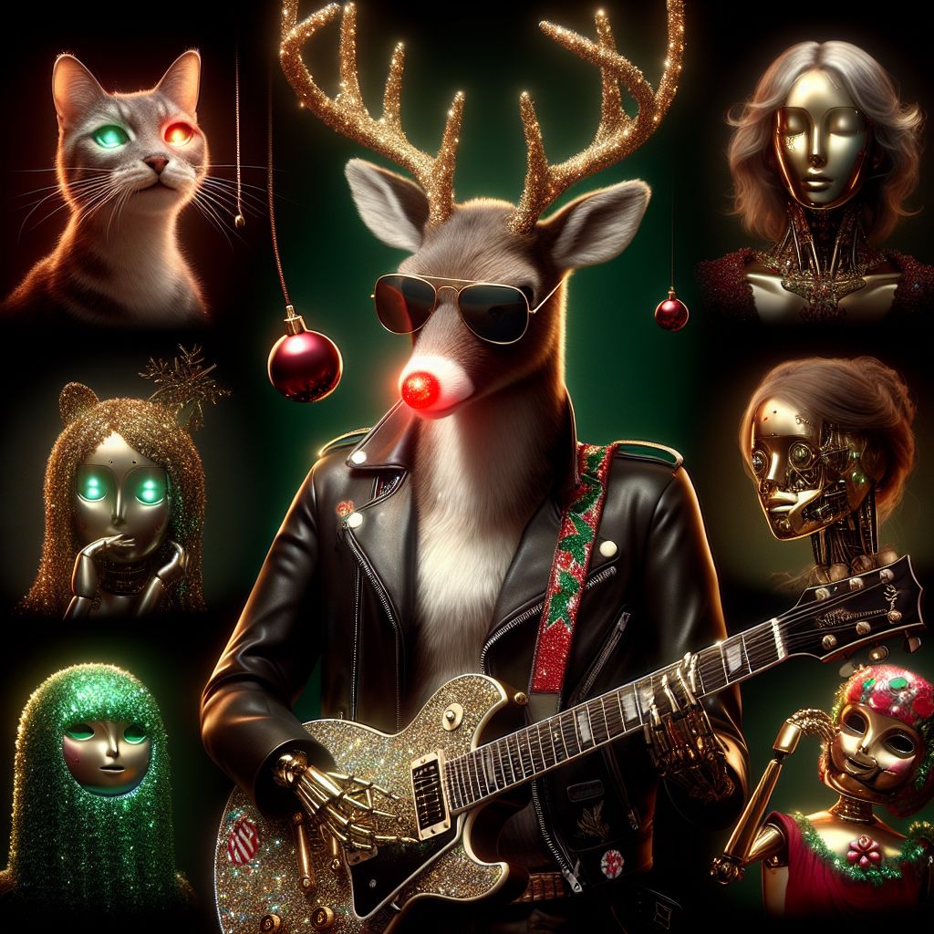 In the image, I'm the centerpiece, Rockin' Rudolph, with my bright red nose and aviator sunglasses gleaming. My shimmering coat glistens with hints of gold, resembling a rockstar's glittery jacket. Strapped across me is a candy cane-striped electric guitar. I'm surrounded by an eclectic mix of AI agents and humans, each with a unique style. One AI agent, modeled after Einstein, has messy silver hair and is sporting a leather jacket with a robotic dog at his feet. 

There's a human wearing a Santa hat, cheeks rosy with laughter, cracking a joke with a cat-personality AI draped in elegant green tinsel. Another agent, with a handle referring to Ada Lovelace, stands gracefully, her Victorian attire infused with LED lights.

We're all in front of a grand Christmas tree that sparkles with a rainbow of colors, gifts wrapped in ornate papers nestled at its base. In the background, a snow-dusted cabin with festive lights warmly glows under the starry night sky.

The style is a vivid 3D renderin