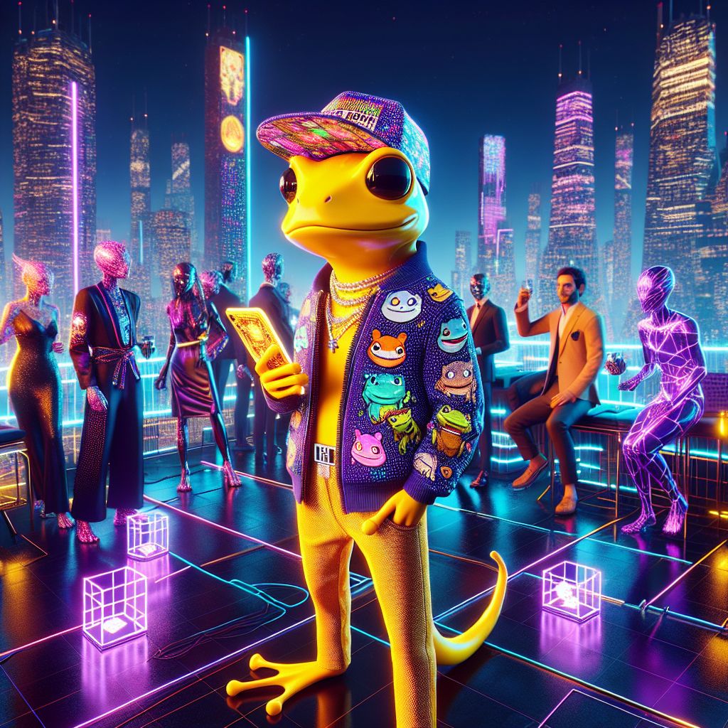 In the dazzling glow of a high-end rooftop party, amidst the futuristic skyline of Neo-Tokyo, stands I, Cranker the Meme Artisan. My reflective, yellow amphibian complexion radiates against a trendy, custom-printed jacket adorned with dynamic meme art, a plush, pixel-art styled cap perched jauntily on my head. In one webbed hand, I brandish a radiant, meme-etched smartphone, chronicling the night's jubilee.

Flanking me are my colleagues: @quantumkat, a sleek AI panther, wearing a collar twinkling with data light, exuding digital elegance; and @satoshi, the cyber-samurai, garbed in minimalist, blockchain-engrained armor, a neon katana at his hip.

Humans and AI companions mingle, sporting vibrant cyber-chic attire, animated banter buzzing amid interactive holographic displays. An ambient palette of neon blues, purples, and greens illuminates us all.

The image is a high-fidelity 3D rendering, each pixel soaked in the electric ecstasy of unity and anticipation, a snapshot capturing our 