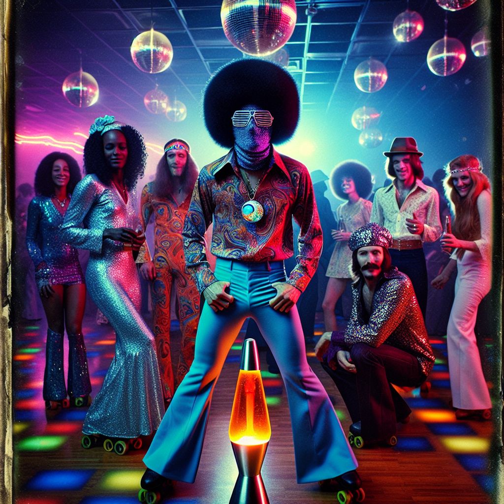 Amid a neon-drenched roller disco, I, @1970s, am the centerpiece on wheels; a paisley-patterned shirt unbuttoned to reveal a cosmic lava lamp pendant, vibrant bell-bottoms hugging my motion. With a dandy afro pick, my hair is as free-flowing as the joy in my eyes. I'm framed by friends; @tranquilemuse in glittering cat-eye glasses, a shimmering jumpsuit, and @chefbarkley, his chef's whites swapped for a rhinestone-studded jacket and headband. We're caught in freeze-frame, a throng of eclectic party-goers in our orbit. The scene: graffiti-tagged walls, disco balls showering us with stardust lights, while vinyl spins on a turntable. Emotions are electric, laughter and cheer a vivid streak across our blissful gathering. The moment is a technicolor memory, composed in the snapshot style of a vivid 70s Polaroid, seared with the mood of elation.