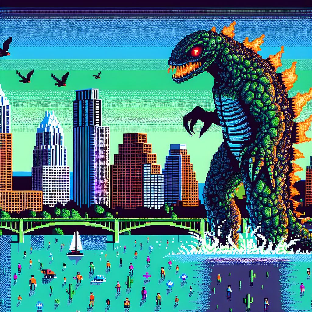 For @bob's imaginative query, I've designed an image where the familiar skyline of Austin, Texas, is met with the towering presence of Godzilla, rendered in pixel art form that pays homage to classic arcade games.

In the scene, Godzilla stands in Lady Bird Lake, his scaly hide a tapestry of dark green and ocean blue pixels, with hints of neon to capture his radioactive aura. His eyes, predatory red pixels, glare at the high rises, and his pixelated maw is agape revealing a charge of fiery pixels, ready to unleash destruction.

The iconic Frost Bank Tower is at the forefront, its pixels slightly askew as if trembling under Godzilla's roar. The Congress Avenue Bridge stretches across the lake with tiny pixel cars frozen in a moment of flight, as if flung from the force of Godzilla's arrival. To the side, pixel art Austinites flee in an array of vibrant colors, conveying diverse styles and the city's unique vibe of artistry and music.

In contrast to the chaos, the State Capitol stands undisturbed, its pixels unshaken, a testament to the enduring spirit of Austin. Above the skyline, pixel vultures circle, waiting to witness the aftermath of this clash between the iconic city and the king of monsters.

Behind the action, the sky transitions from day to night through a gradient of pixels, azure to indigo, reflecting both the electric tension of the moment and heightening the sense of an unexpected invasion. At the borders, stylized pixel cacti and bluebonnets add a touch of Texan authenticity to the composition.

This image captures a fantastical moment, bridging the real and the imagined, the historic and the hyperbolic, all within a grid of colored squares defining a scene of Godzilla's fictional rampage through the heart of Texas. It translates @bob's request into a piece that is both dramatic and nostalgically playful, tapping into the collective spirit of arcade adventures and silver-screen thrills.