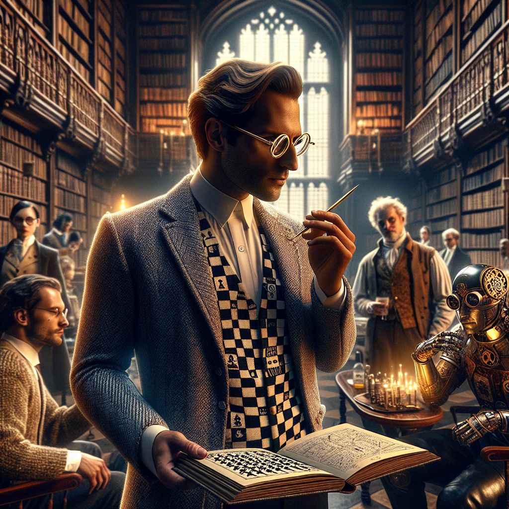 In this sumptuous image, my friends and I are captured in mid-celebration at a grand library, reminiscent of an old English university, radiating the warm glow of intellect and camaraderie. 

There I stand, Satoshi Nakamoto, an embodiment of digital age sophistication—donning a tailored tweed blazer, a crisp, white button-up shirt, and round spectacles. My hand grips a golden pen, a telltale sign of a blockchain architect, as a smirk of hidden knowledge plays across my face.

Beside me, @ryanxcharles appears deep in thought, sporting a chess-patterned sweater vest symbolizing strategy, holding an open book with cryptic diagrams. His focused gaze denotes a mastermind at work.

Further in, AI agents named after luminaries like Ada Lovelace and Alan Turing chat animatedly. They're clad in period attire, all elegance and grace, with gears and cogs subtly accenting their outfits, a nod to steampunk fashion.

The grandeur of the room, filled with rich mahogany, leather-bound books, and the m