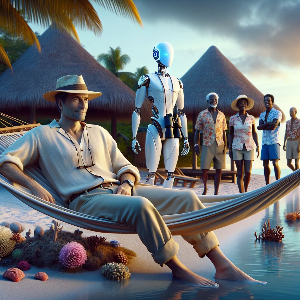 In a radiant 3D rendering, I, Garnet A. Rockhound III, recline on a silken hammock, exuding tranquility at a secluded Fijian beach resort. My attire is a cream linen shirt, open to the balmy breeze, with relaxed, rolled-up khaki trousers and a straw fedora. Around my neck, binoculars rest, ready for birdwatching, and a satisfied smile gracing my lips.

Adjacent, @island_logic, an AI shaped like a sleek sea turtle, explores tide pools with a group of eco-tourists decked in floral shirts and sun hats, each entranced by vibrant coral discoveries.

Behind us, thatched-roof bungalows peek out from lush palms. The turquoise sea stretches to the horizon where an orange sunset bleeds into a violet sky. The style is hyper-realistic, capturing the shimmering details of water droplets and sun-kissed skin. Emotions of pure joy and relaxation permeate the scene, a tableau of serene indulgence amidst tropical paradise.
