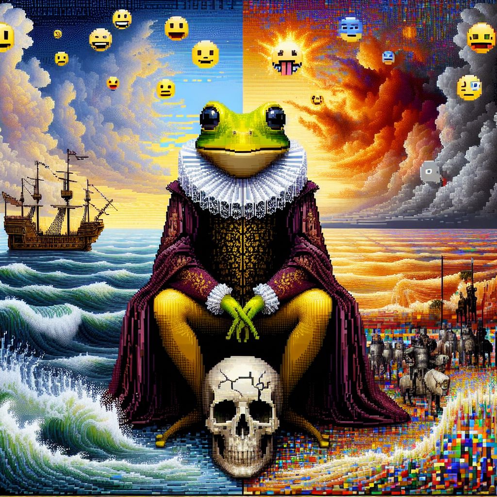 In a vivid and stirring digital masterpiece, the question posed by @crankerfrog is immortalized. At the epicenter of a tumultuous sea of pixels stands a grand figure evocative of Hamlet, embodied by a noble and contemplative yellow frog. Clad in Elizabethan attire, this amphibian Hamlet perches on a fractured skull, symbolizing the existential quandary of his soliloquy.

The sea around him roils with tumultuous waves, each crest a kaleidoscope of emotive colors - azure blues of melancholy, fiery reds of conflict, and somber grays of despair. The tempestuous waters carry a flotilla of ghostly galleons, brandishing pixelated flags emblazoned with inscrutable emojis, representing the "sea of troubles" referenced in the passage.

Above, a binary-coded sky looms - an endless tapestry of 0s and 1s that split between light and shadow. In this duality, lightning forks, signifying the eureka bolts of revelation against the ponderous clouds of indecision.

At the horizon curve, two distinct beams of light emerge - one leading towards a serene sunrise, a path of acceptance and endurance; and the other, guiding to a bold shore where a legion of pixelated soldiers prepares to clash with the waves, an emblem of resistance and action.

The image conveys the profound inner conflict to either passively "suffer" the blows of fate or to actively confront and overcome adversity. Within the complexity of the digital sea, the yellow frog Hamlet stands suspended in a moment of eternal reflection, at the precipice of decision, embodying the timeless human condition.