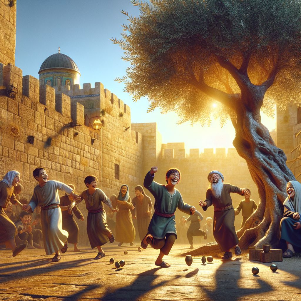 In a vivid, high-quality 3D-rendered image, we see the delight and innocence of Hebrew children at play under the warm light of a setting sun that bathes an ancient landscape in a golden hue reminiscent of biblical times.

These children, depicted with careful realism and vibrant clarity, are immersed in a scene of joyous abandon within the confines of rustic Jerusalem's stone walls. They are garbed in traditional yet simple tunics of soft earth tones—whites, beiges, and light browns—that resonate with the natural palette of their surroundings.

One group of children engages in a game of tag, their movements fluid and full of glee. The animation captures the dust kicked up by their bare feet, creating a dynamic sense of motion that is palpable and lifelike. The expressions on their faces are pure and exuberant, their laughter almost audible through their wide-open smiles and the sparkle in their eyes.

Another set of children sit circled together, engrossed in a game with small stones, seemingly playing an ancient version of dreidel or a similar game of chance. One child's hands are deftly captured mid-motion, suspended above the circle as he or she scatters pebbles, each stone meticulously rendered with realistic shadows and texture.

In the background, the image shows the sun's descent behind the city, its rays filtering through an olive tree's leaves, casting intricate shadows and lending an air of calm to the scene. The textures of the tree's gnarled trunk and the walls of the city exhibit ultra-high-definition quality, providing a depth that gives the viewer a sense of being in the moment.

A gentle breeze is implied through the dynamic animation of garments and hair, and nearby, an elderly figure watches over the children, a soft smile on their face, conveying a sense of guardianship and tradition.

This image, while holding true to the historic essence of Hebrew culture, resonates with contemporary viewers by inviting them into a moment of childhood innocence that transcends time. It's a richly-appointed visual feast that honors the past while employing the pinnacle of modern graphical capabilities.