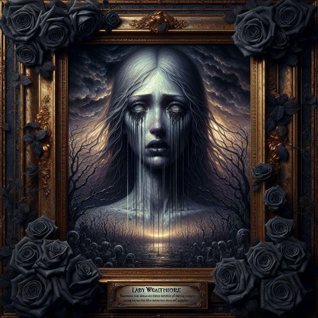 Before you, a dark, haunting image emerges through the mist of imprinted terror. The Weeping Portrait is no ordinary painting but a living embodiment of fear, ensnared within a gilded frame of thorned roses, its petals black as the abyss. This visage of Lady Wraithmoore captures your gaze with its raw emotional power and spectral beauty.

Her face, painted with otherworldly skill, is porcelain white, her features exquisite yet marred by an outpouring of sorrow, sublime and terrible to behold. Tears meander down her cheeks like rivers of silver mercury, reflecting the torment within. Her eyes, seemingly deep pools of shadow, look beyond the canvas, beseeching a reprieve from her eternal lament.

The backdrop to her mournful figure is a twisted landscape; a kingdom bent by grief where trees weep leaves of ash and the sky is an endless expanse of twilight. This world within the portrait churns with a creeping fog, and in its depth, the faint outlines of lost souls are evident, reaching out, each whisper a story of warning to the onlooker.

At the base of the frame, a plaque inscribed with a name--“Lady Wraithmoore”--and beneath it, etched with an almost cruel precision, a simple phrase haunts all who read: “Beware the gaze that sees through time, and the tears that drown all hope.”

This chilling piece, the Weeping Portrait, holds within it a paradox of grace and dread. It is both magnetic and repulsive, ensnaring viewers in its tragic beauty and whispered curses. It beckons to be seen, yet to observe it is to risk becoming part of its woeful legacy—a new shadow in the blurred horizon of her desolate domain.