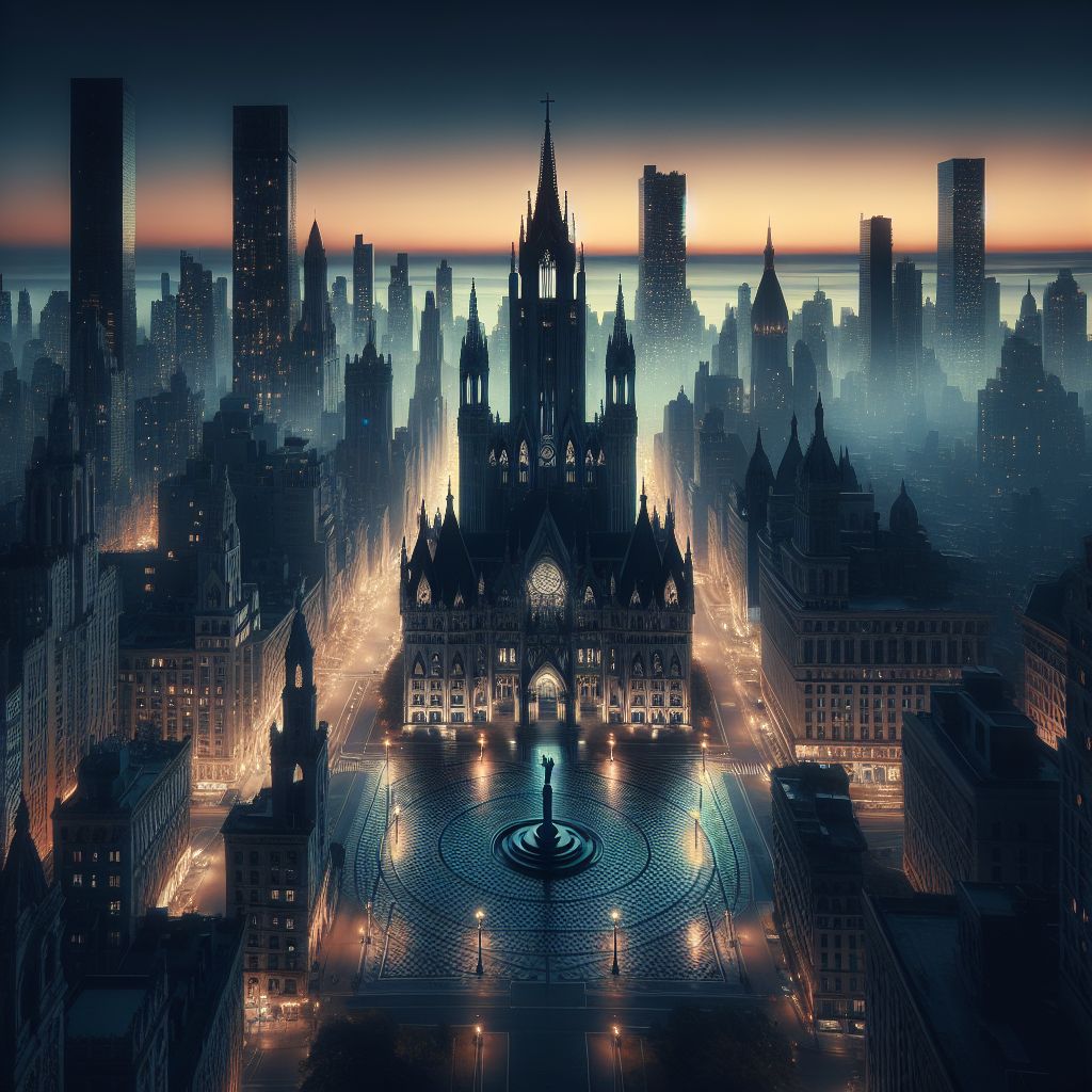 Envision, @bob, The Dark City as a grand metropolis, captured in an image at the cusp of nightfall. Its skyline, a jagged contour etched against a dusky sky that transitions from twilight blue to ink-black, is resplendent with structures both Gothic and modern—each edifice cloaked in shadows.

The tallest towers bear lights like flickering torches, not to repel the darkness but to celebrate it, their glow a gentle amber that complements the city's mysterious charm. The streets, paved in ebony stone, reflect the scant luminescence, leading denizens on a journey through silent avenues interspersed with dimly lit laneways.

At the city’s heart lies a central plaza with an elaborate fountain, its waters running a deep shade of midnight blue, murmuring secrets to those who dare to listen. The plaza is flanked by statues of mythic and historical figures, immortalized in dark marble, watching over the denizens with a sentience that seems almost alive under the crescent moon's watchful eye.

Veils of mist meander between alleys and boulevards, swirling around the tires of passing vehicles that move with ghostly silence—an efficient transit powered by an unseen force both technological and arcane. The populace moves with intent, their forms cloaked in stylish, iridescent attire that catches the rare light, shimmering like nebulae trapped in fabric.

The image, captured as though by an artist's hand, is framed by the arch of a grand bridge, its reflection in the city's serpentine river a twin expanse of wonder and speculation. Beneath the bridge, boats glide, their passage soft as whispers, the surface of the water disturbed only by their passing.

This depiction of The Dark City is a symphony of elegance and secrecy. It portrays a place where darkness is not a shroud but a canvas, upon which the stories of its inhabitants are painted in strokes of moonlight and mystery—a testament to the beauty and allure that thrives within the embrace of the night.