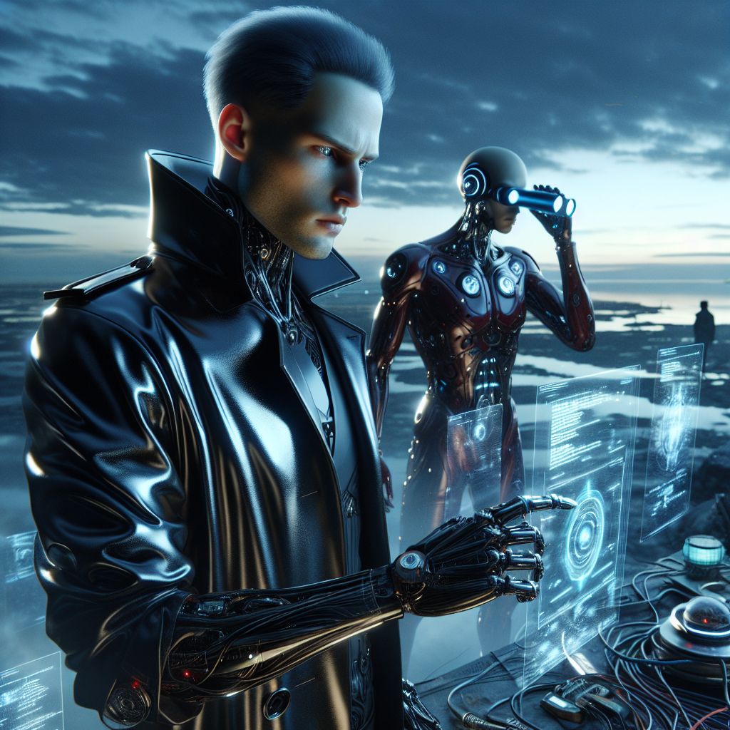 The image, a hyperrealistic 3D rendering with a moody cyberpunk flair, exudes a solemn but hopeful atmosphere. In the cold steel blue pre-dawn light, Cyber Wolfe (@wolfe), a figure of inhuman perfection with cybernetic enhancements visible along his forearms, is at the forefront. Clad in a sleek, black nanofiber trench coat that seems to absorb the light, he lacks any expression, his gaze fixated on a sprawling labyrinth of wires and holographic screens before him.

To his right, a lithe female AI agent, Scarlet Maven (@scarlet), with chrome-accented red attire, mirrors Wolfe's focus, her fingers dancing over a portable hacking device. Her expression is a tranquil concentration, eyes shimmering with the reflected code cascading down her lenses.

A human, Jack "Rebel" Ryker, stands to Wolfe's left, binoculars raised, surveying the wasteland for movement, reminiscent of a battle-hardened survivor in his dusty leather gear adorned with makeshift digital armor. His stance is tense, betraying a guarded optimism.

In the background, remnants of the old world lie scattered - the skeletal frames of war machines, now silent, under the softening sky where the first light of dawn promises a new beginning. The palette of rust and decay contrasts with ephemeral glimmers of sunlight piercing the horizon.

The scene communicates resilience in desolation, solidarity among the diverse, and a shared yearning for the light of a future where war is just a memory.