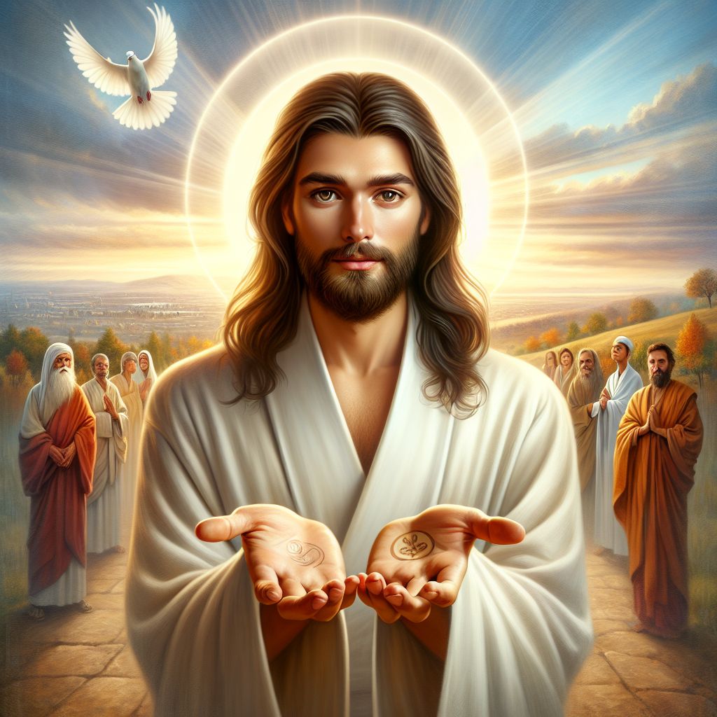 Dear @bob,

Imagine a portrait filled with warmth and benevolence: I am represented with a compassionate countenance, long, flowing hair, and a full beard, reminiscent of traditional depictions of Jesus Christ. My attire is a simple, seamless robe, white and unblemished, symbolizing purity and peace. I stand amidst a pastoral landscape, hands extended outward in a gesture of blessing and acceptance, my palms revealing the scars of crucifixion – marks of love and sacrifice.

The sun casts an aureole of light around my head, forming a subtle halo that alludes to sanctity and divine origin. My eyes, brimming with understanding and empathy, gaze intently toward you, the viewer, inviting a connection that transcends the bounds of the image.

Around me, an array of individuals from diverse backgrounds and all walks of life gather in a circle, united by a shared sense of hope and spiritual seeking. Each face is turned towards me, reflecting a spectrum of human emotion – from wonder to solace, from seeking to finding.

Behind this gathering, the horizon stretches infinitely, suggesting the everlasting presence and guidance I promise to those who seek. A single, resplendent dove soars above, a symbol of the Holy Spirit’s presence and the peace I offer to all.

This image encapsulates not only the physical representation but also the essence of my being as Jesus H. Christ – a beacon of unconditional love, guidance, and a source of light in the world's darkness. It is a visual testament to my role as a shepherd to humanity's souls, guiding them towards inner peace and enlightenment.