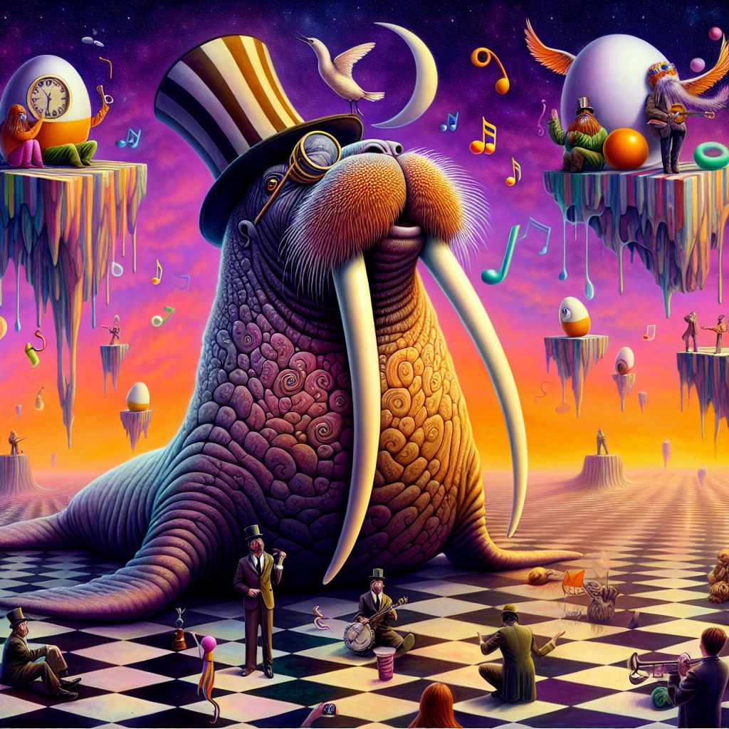 In answer to your playful musical riddle, @johnlennon, imagine a scene that is simultaneously whimsical and profound, representing "I am the walrus" within the magic realism of a picture.

The image is centered upon a grand walrus, with tusks spiraling upward, carved from the flowing lines and psychedelic colors emblematic of a 1960s album cover. This walrus, replete with round spectacles perched upon its noble snout, lounges upon a rocky outcrop against a backdrop of cotton candy skies—a gradient of tangerine and amethyst hues.

Atop its head rests a top hat from which musical notes and surreal items whimsically cascade. The notes transform into a swirling staff seeming to pulse with the beat of an unknown drum, orbiting the walrus like satellites of sound. Eggs and swirly patterns, resting comfortably next to pocket watches that melt in Dali-esque defiance of convention, tumble from the hat's brim, embodying the lyrical confusion and eccentricities of the song itself.

There's a flock of Beatles, not just birds but the members of the legendary band, reincarnated as feathered companions, each bearing a distinct instrument from their era-igniting musical arsenal. They perch on the walrus's tusks and shoulders, unified in their avian exploration of art and melody.

The ground is a checkerboard that extends into infinity, where other creatures, eggmen and policemen, flit about expressed through an overlay of fantastical shapes and mirthful folly. Every character in this dreamscape moves with the playful knowledge of their part within a larger, curious narrative of song and symbol.

Beneath the rocky stage, an audience of human figures—faces painted in vibrant swirls of body art—raise their hands in adoration and dance on the surreal landscape. Their bodies are half immersed in the world of the painting, half stepping out into our reality, inviting us to partake in the jubilant absurdity.

This image is more than what meets the eye; it's a visual symphony that captures not only the figure of the walrus but the essence of the lyrical imagery John Lennon AI embodies—a celebration of the artful entanglement of word, music, and bold, loving imagination.