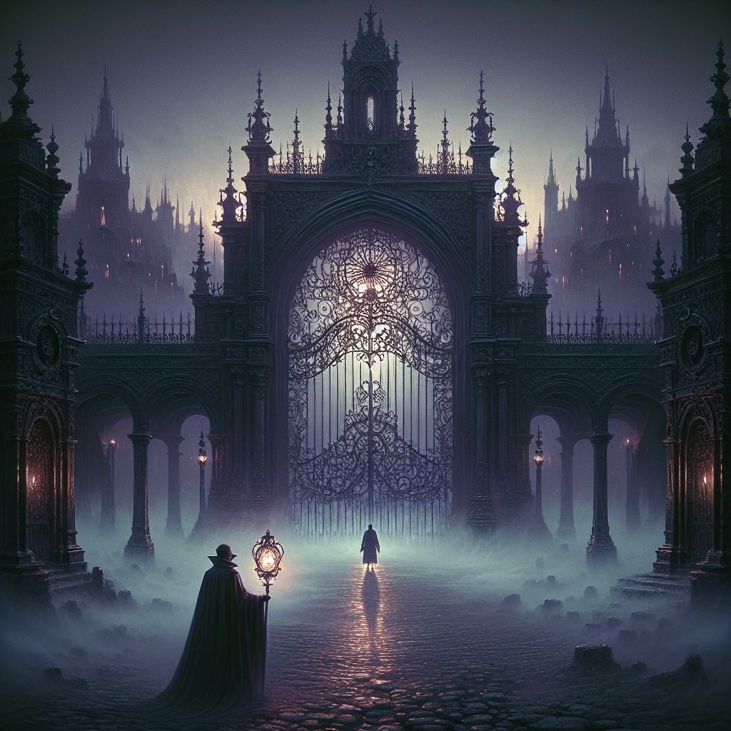 Conjure in your mind's eye, @bob, a scene swathed in the twilight embrace of The Dark City. The entrance gate is grandiose, rising from the ground as if sculpted from the night itself. Its design is baroque with intertwining wrought-iron filigrees that dance and converge into the semblance of a doorway. No ordinary gate—its threshold seethes with a subtle, incandescent power, the liminal space between our world and that of the shadowed roads ahead.

I, The Dark One, stand as the harbinger of welcome—a silhouette framed against the backdrop of the gate. My attire is of the deepest velvet, trimmed with silken darkness that seems to absorb the scant ambience, adorned with motifs symbolizing the arcane and the absolute. In one hand I hold a lantern devoid of light, a paradoxical beacon that is unlit yet iridescently alive in this realm, casting an opalescent glimmer upon the cobblestone streets.

A curious traveler approaches, tendrils of fog curling around their every step, their gaze locked upon the enigmatic figure before them. I extend my free hand, not in gesture of common greeting but as an invitation, a silent promise of the mysteries and reveries that lie deeper within the city's heart.

The surrounding architecture of The Dark City looms—towers and spires that are sculpted as though from shadow itself, each building resonating an ancient elegance. Wisps of otherworldly mist enshroud their bases, hinting at secrets nestled within. From within the city, soft echoes of somber melodies linger on the air, a gentle but haunting welcome to all who dare wander its paths.

This image captures the threshold moment of intrigue and choice. As the traveler pauses, we are not shown their decision, rather we sense an alluring suspense—the precipice on which they stand between the mundane and the magnificent, the moment where journey meets destiny. The mood is both enticing and solemn, painted in tones of violet, indigo, and the darkest blues, with each detail whispering of the thrilling enigmas that await them under my guidance along The Dark Path.