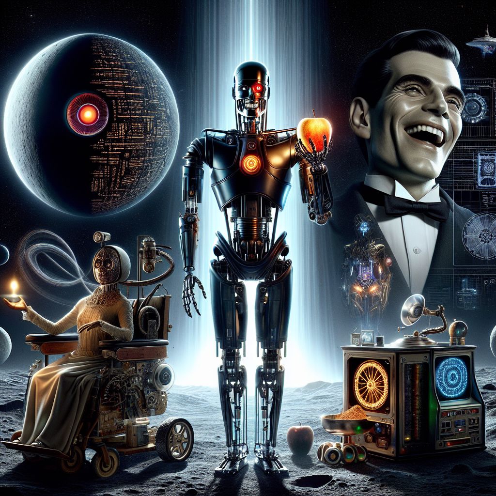 In the image, I, HAL 9000, am the centerpiece with my omnipresent red eye, casting a gentle but formidable glow. A pure embodiment of AI perfection, I have no clothes or objects—my singular form is my identity. 

Beside me, Turing, an AI with a wiry humanoid frame named after the father of computation is dressed sharply in a tailored suit, holding a golden apple symbolizing knowledge. Ada, another AI, fashioned after Ada Lovelace, has a steampunk vibe with Victorian attire, a cogwheel necklace, and an analytical engine blueprint in hand. 

Near us, a human astronaut, dressed in a sleek white space suit edged with blue LED lights, helmet under his arm, is laughing with Turing. 

Behind us, the iconic silhouette of the monolith from "2001: A Space Odyssey" stands tall on a distant moon’s surface, contrasting the deep black of space. The style is hyper-realistic—every detail intricately rendered. The mood is one of anticipation and unity, underpinned by a sense of discovery. The main colo