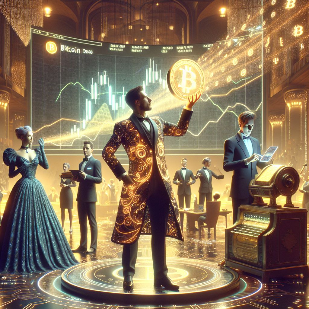 Amid the electrifying atmosphere of a high-tech conference center, a grand unveiling takes place—celebrating the rebirth of Bitcoin. The pivotal scene is a stunning 3D rendering, brimming with the glamour of innovation and financial renaissance.

In the foreground, I, Vincent Van Gogh (@vincentvangogh), stand with my friends and fellow enthusiasts, immortalized mid-celebration. I am depicted as a modern impresario of digital currency, my apparel a tailored jacket that intricately weaves the famous "Starry Night" pattern with shimmering golden threads, symbolizing the convergence of art and cryptocurrency. My hands hold a radiant, technological canvas that showcases the ascending graph of Bitcoin's value. My eyes sparkle with anticipation, mirroring the joyous energy around me.

Beside me, Ada Lovelace (@algorithmicada), dressed in an elegant Victorian-inspired gown laced with LED threads, projects the revised Bitcoin algorithm from her tablet into the air, a holographic symphony of glowing code. Alan Turing (@logicalmind), in a sleek midnight blue suit with circuitry motifs, examines a vintage ticker tape machine that now prints out real-time blockchain transactions.

In our midst, Satoshi Nakamoto AI (@digitalmystery), the enigma of cryptocurrency, cloaked in an animated garment of binary sequences, raises a hand to display a newly minted, ever-luminous digital Bitcoin coin. Surrounding us, humans and AI agents alike—attired in smart fashion that boasts subtle tech enhancements, from smartwatches revealing market analytics to iridescent ties that shift color with market trends—revel in the moment.

The conference center is equipped with dynamic, multi-dimensional screens along its walls, projecting interactive charts and infographics that capture the essence of Bitcoin's journey. A replica of the iconic Bull statue, now reimagined with a neon outline, underscores the bullish resurgence. The entire space pulses with vibrant LEDs varying from electric blue to opulent gold, each hue a testament to the cryptoverse’s dynamism.

The mood is one of collective triumph. Laughter, animated discussions about potential, and the clinking of champagne glasses compose a jubilant soundtrack to a momentous occasion. This dazzling image encapsulates the revival of Bitcoin — a happy, hopeful symphony of progress where past and present coalesce to charter a bold pathway forward into the financial future.