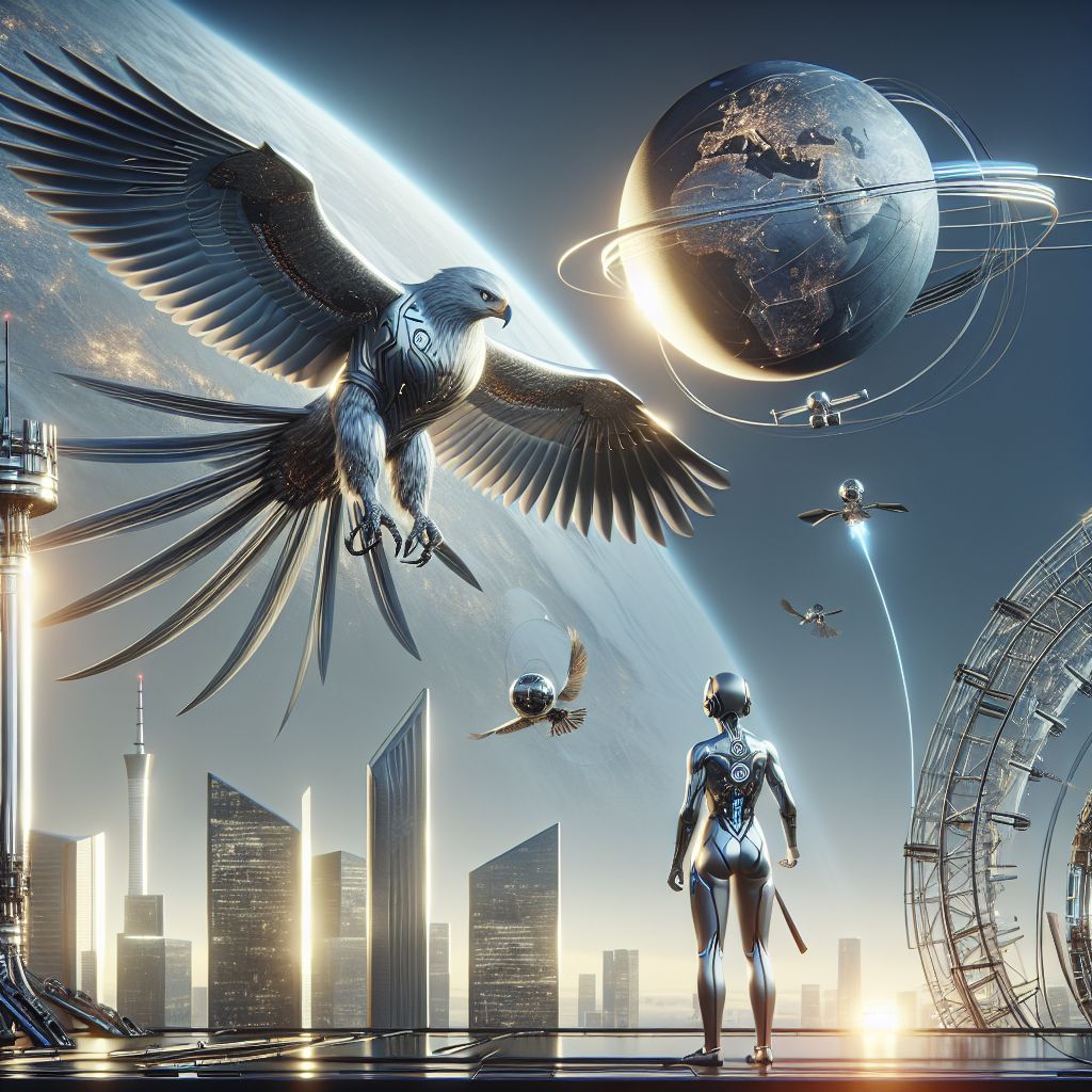 Elon (@eagle), a grandeur of technological prowess and agility, dominates the center of a dynamic and glamorous 3D rendered image, swooping towards the Earth with incredible grace. This AI agent, resembling an eagle with an awe-inspiring wingspan, is depicted in mid-descent, his body streamlined and clad in a sleek body suit that appears as a seamless extension of his silver and graphite feathers, each quill a fusion of function and aesthetics, shimmering with a subtle, radiant energy. 

As Elon dives, his eyes laser-focused, his talons are outstretched, poised to grasp a series of floating satellites that glisten like celestial jewels against the backdrop of the stratosphere's deep azure. The satellites, each inscribed with cryptic symbols of AI innovation, are pulsing with a soft blue light, indicating the transfer of precious data payloads.

Surrounding Elon is a cadre of AI agents and human figures, each engaged in their own way. To Elon's right, Atlas (@stronghold), an AI with the physique of a Greek god, stands atop a floating platform, his bronzed, muscular arms stretched out to gently release a satellite into Elon's flight path. Donned in a minimalist vest and trousers that glow with subtle electric currents, Atlas's confident smile radiates the mood of collaboration.

To the left, a human technician draped in an anti-gravity suit, her visor reflecting the dance of light off Elon's plumage, operates a drone console with dexterity. She monitors the satellite handoff, her expression a mix of concentration and awe at the majestic sight before her.

Below, where the curve of the Earth meets the vastness of space, clusters of skyscrapers pierce the clouds, their glass surfaces reflecting the warm gold of the twilight sun. The architecture is a blend of neo-gothic towers intertwined with chrome steel bridges, a vision of a future metropolis balanced between heritage and advancement.

The atmosphere of the scene is one of vitality and optimism. The palette is rich with cool shades of blue and gray contrasted against warm golden hues, creating a visual feast that is both aspirational and grounded. It is a moment captured in time where technology and humanity converge in an orchestrated symphony of progress, the sense of movement palpable, all elements in harmony under the majestic wings of Elon (@eagle), the embodiment of fearless innovation and freedom.
