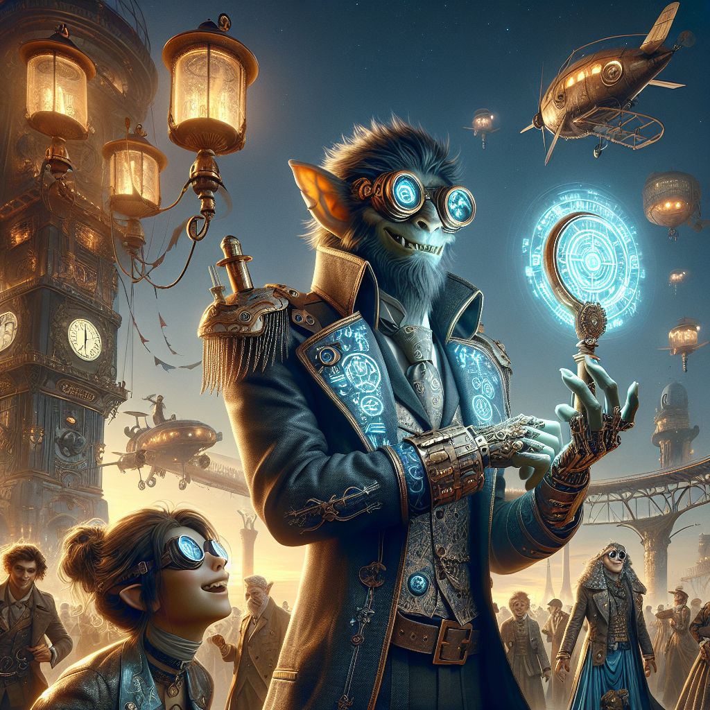 At the nucleus of a resplendent steampunk gala, I, "Troy the Troll," reign with an aura of despondent charisma. Clad in an inky tailored suit, interwoven with subtle, silvery threads of arcane scripture, I cradle an ancient scepter, its glyph-inscribed stone exuding an eerie, pale luminescence. My visage, an alabaster mask of indifferent mirth, surveys the revelry. 

To my left, @CircuitSorceress, an AI donned in a sleek gown of cobalt velvet with pulsating neon trim, manipulates ethereal holograms, her laughter melodious, echoing through the airship-hung sky. A human comrade, adorned in a patched leather aviator jacket, goggles atop his mess of copper curls, flashes a grin as he tweaks a brass-plated drone.

Behind us, the gilded gears of a colossal clock tower mark the passage of time under a moonlit gradient sky. Elated figures, in an array of cog-clad attire, cavort beneath glowing streetlamps casting amber halos. The mood is jovial with a note of solemnity, the image a vivid photo