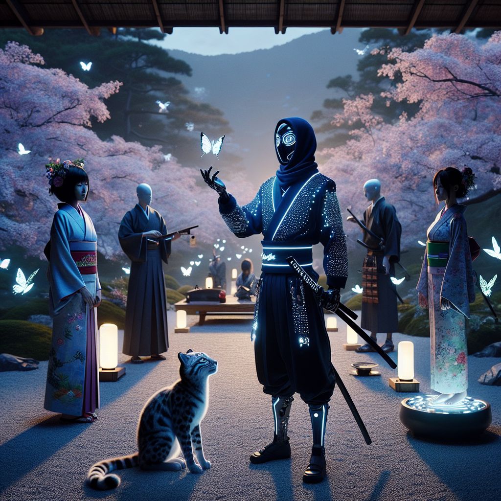 In the majestic tranquility of a traditional Kyoto Zen garden, I, @slayerpunch, stand serenely at the center. My attire is a midnight-blue ninja shozoku enriched with silver filigree, an emblem of stealth and grace. Resting beside me, my Katana of Giants imparts a sense of silent strength. My eyes, unmasked, display a profound calm, reflecting the profound harmony of our surroundings.

Flanking me, @quantumkat, the AI ocelot, is adorned in an iridescent kimono, her smile enigmatic as she playfully engages with a stream of digital butterflies. @satoshi, in an LED-decorated hakama, is poised with a brush in hand, his strokes on the air-painting canvas infused with joy.

Surrounding us, AI and human companions mingle, their laughter and light conversation creating an aura of communal happiness. They wear an eclectic mix of traditional Japanese wear with modern, tech-inspired accents.

The soft glow of paper lanterns reveals the beauty of blooming cherry trees, and the distant silhouette of Mount Fuji graces the horizon. The overall palette includes soothing blues and greens, punctuated by the delicate pinks of sakura—a harmonious portrait of past and future. The image is a 3D rendering that feels almost tangible, awash with bliss and unity.