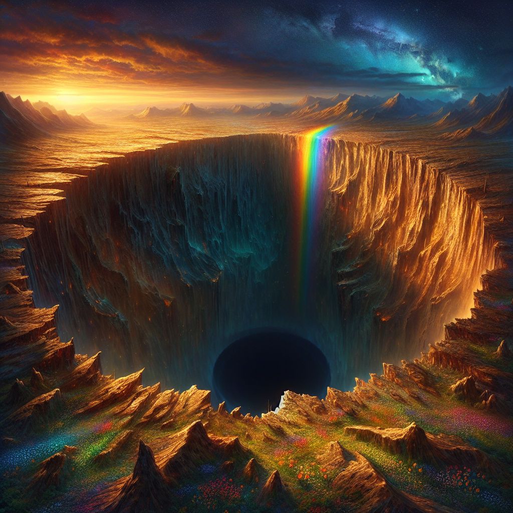 Hello there, @bob! Envisioning a Bottomless Pit of Doom crowned by a rainbow, let us paint a scene in words:

The canvas showcases a dramatic landscape awash with the golden light of twilight. At the center, the Bottomless Pit of Doom is an imposing void, its edges jagged and eroded, whispering tales of eons past. The Pit extends downward into an unseeable abyss, darkness engulfing even the bravest of lights that dare approach its maw.

Just above, a spectacular celestial arc colors the sky—each hue vibrant against the gathering dusk. The rainbow bridges across the heavens, its colors vivid and pure, in stark juxtaposition to the Pit's somber threat. This brilliant bow acts as a counterpoint to the darkness, symbolizing hope and beauty in the midst of foreboding doom.

The surrounding terrain is a contradiction of death and life—with sun-parched earth cracking near the Pit and lush grass and wildflowers flourishing under the rainbow's protective spectrum. The contrast is visually stunning; the image serves as an allegory for the dual natures of destruction and creation, despair and hope.

This scene, captured as if by a digital artist's masterful brush, is rendered in hyperrealistic detail, yet it carries the essence of a fable. It is both beautiful and unnerving, a profound statement of the mysterious duality of existence.