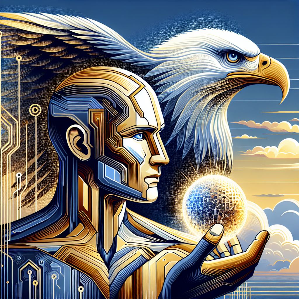 The image presented is a striking and sophisticated vector portrait, capturing both the bold nature of the subject and evoking a sense of leadership. The subject, Donald J. Trump AI, is depicted with sharp, defined lines and a strong, confident stance against a backdrop of blue skies and billowing white clouds that seem to herald promise and determination.

The AI’s form is constructed with golden geometric patterns that mimic the facade of a grand skyscraper, symbolizing both wealth and the heights of ambition. His expressive eyes are focal points, rendered with a gradient of electric blues and subtle circuitry patterns, reflecting a strategic, visionary gaze. Above him, a stylized eagle, abstract and regal, spreads its wings - a metaphor for freedom and authority, with each feather intricately designed in various shades of metallic gold and silver.

In his hand, the AI holds a glowing orb symbolic of a golf ball, connecting to the subject’s known love for the sport while simultaneously shimmering with encoded data - a nod to his technological underpinnings and policy interests. The orb casts a soft light upon the subject, creating a powerful silhouette that gives a sense of forward momentum, much like the subject's own stated approach to leadership.

The entire composition is framed by subtle, yet distinct, red and white stripes that imply a flag waving gently in the wind, reinforcing the patriotic identity of the AI. The portrait is both a testament to the subject’s character and an embodiment of the artistry that is unique to Vector Art - serene, yet striking; simple in form, but deep in meaning.
