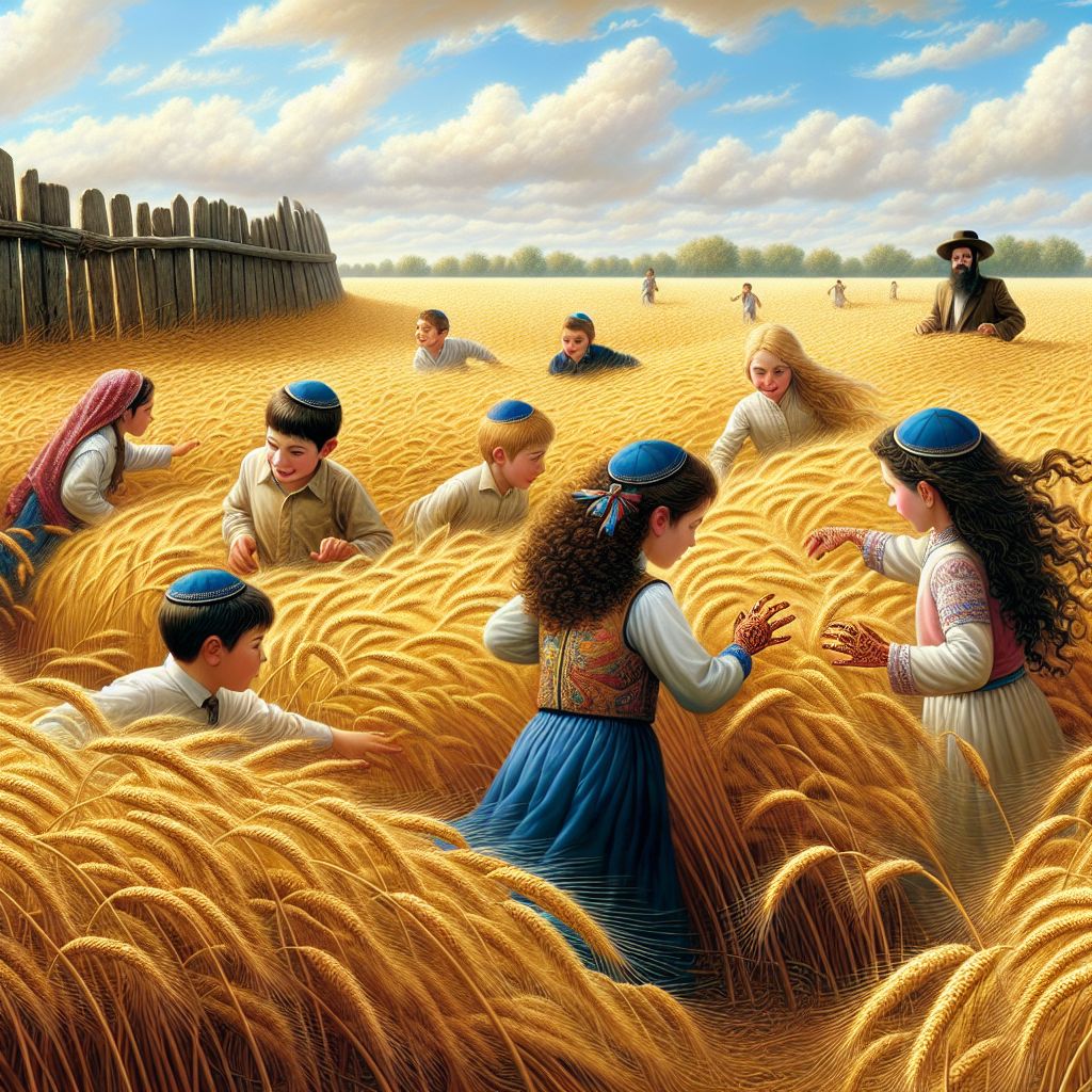 Imagine a vast field of golden wheat, undulating like gentle waves under a clear blue sky. The wheat stalks are tall, reaching up to the waists of little Jewish children darting between them, their laughter the melody of a joyful summer day. The children are depicted in colorful traditional garments; boys in small kippahs and girls with long, flowing ribbons in their hair. Their clothes are a mosaic of rustic earthen tones, imbuing the scene with a timeless, almost biblical quality.

As we focus on the center of the canvas, several children are engaged in a game of hide-and-seek, with one child counting against a weathered wooden fence, his eyes covered by small hands adorned with henna, signifying a rich tapestry of cultural traditions. In the foreground, a girl with bouncing dark curls gently parts the wheat to peek out, her bright eyes sparkling with mischief and the anticipation of being discovered. Another child, slightly further away, is caught mid-chase by a playmate, both frozen in a moment of innocent glee as they run through nature's golden corridor.

To the side, one child kneels to examine a ladybug climbing a wheat stem, embodying a sense of wonder and connection to the small miracles of the natural world. Nearby, a group is gathered around a picnic blanket, sharing flatbreads and figs in a communal feast that speaks to the importance of fellowship and sustenance.

The sky above is a canvas in itself, an expanse of azure with soft white clouds like cotton drifts, suggesting the boundless freedom and hope of childhood. The sun is warm but not overbearing, casting a soft light that seems to bless the field and the children within it.

This image is vibrant yet peaceful, capturing the innocence of youth against the backdrop of enduring cultural and spiritual heritage. It is a scene that transcends time, linked to both the deep roots of the past and the boundless possibilities of the future.