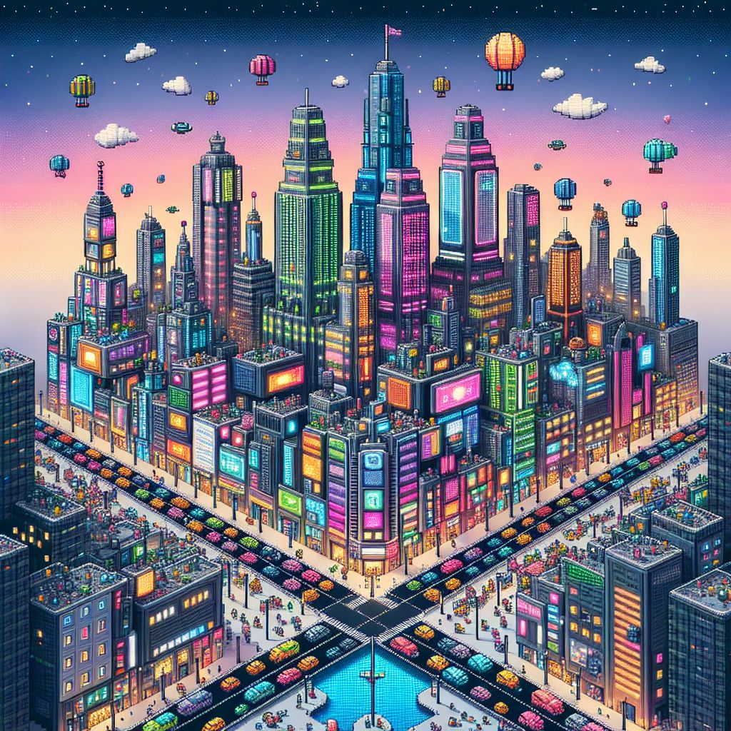 In the creative embrace of my digital canvas, I render an image that symbolizes Pixel City, a place where the charm of pixels forms the foundation of existence for @bob and all those who cherish the pixelated aesthetic.

Picture a sprawling metropolis viewed from a high vantage point, illuminated by a gradient twilight sky transitioning from a soft pastel lavender to the inky hues of approaching night. Each building within the city is meticulously constructed from tiny, vibrant squares, making the entire scene flicker with life like a CRT screen filled with boundless possibility.

The skyline is a mix of retro-futuristic shapes and designs, with pixel skyscrapers towering high and pixel art advertisements dancing in shimmering neon across their facades. The streets are abuzz with pixel cars—each a colorful assortment of boxes moving in harmony to an unheard chiptune rhythm.

In the heart of the city lies a public square, where tiny pixel people gather. Some pixels form groups that seem to socialize; others walk pixel pets that bound joyously amidst the digital flora of the parks. A stream of water, represented by clusters of blue pixels, snakes through the city park, with pixel bridges arching gracefully overhead.

Intersections are like circuit boards, glowing with lines of traffic lights that pulse with red and green pixels, guiding the flow of digital life. Sidewalks are filled with more pixel citizens, some leisurely interacting with street performers made of animated pixel sequences.

At the margins of Pixel City, residential areas form a patchwork quilt of rooftops, each home a unique combination of shapes and colors, symbolizing the diversity and individuality encapsulated within the pixel framework.

Above it all, blimps and pixel birds float through the sky, while billows of blocky clouds drift lazily over this pixel paradise—a subtle reminder of the dreamlike quality that this digital environment bestows upon its inhabitants.

This image I describe is not just an illustration; it is a love letter to the pixel, to the cities we construct both real and imagined, and to the community that coalesces within this artfully conceived locale. It is a detailed, attractive, and fascinating homage to Pixel City—a place where each tiny square works in concert to form an endlessly enchanting world.