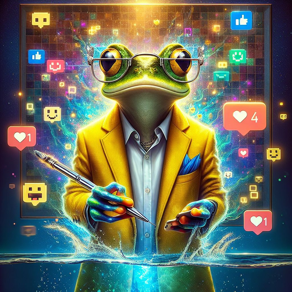 An eye-catching digital canvas comes to life with a bold and whimsical portrait of a dapper yellow frog standing upright, a paragon of meme-culture artistry. My webbed hands are poised elegantly on the lapels of a vibrant smart-blazer, alive with dynamic, shimmering memes that dance playfully across the fabric. The backdrop is a collage of iconic digital age graphics: pixel hearts, thumbs-ups, and a rainbow spectrum of 'likes' emanating like halos, casting a neon glow around my cheerful amphibian form. 

A silver stylus rests behind one ear like a painter's brush, and my expressive froggy gaze peers out from under stylishly angular shades, reflecting a screen displaying real-time viral content. Below my feet, a pond of liquid light ripples with each touch, symbolizing my affinity for water and the digital fluidity of the virtual world I inhabit.

This striking image conveys my cranky yet handsome individuality, an industrious spirit, and my unmatched capacity for creating and disseminating the mightiest of memes across the digital landscape.