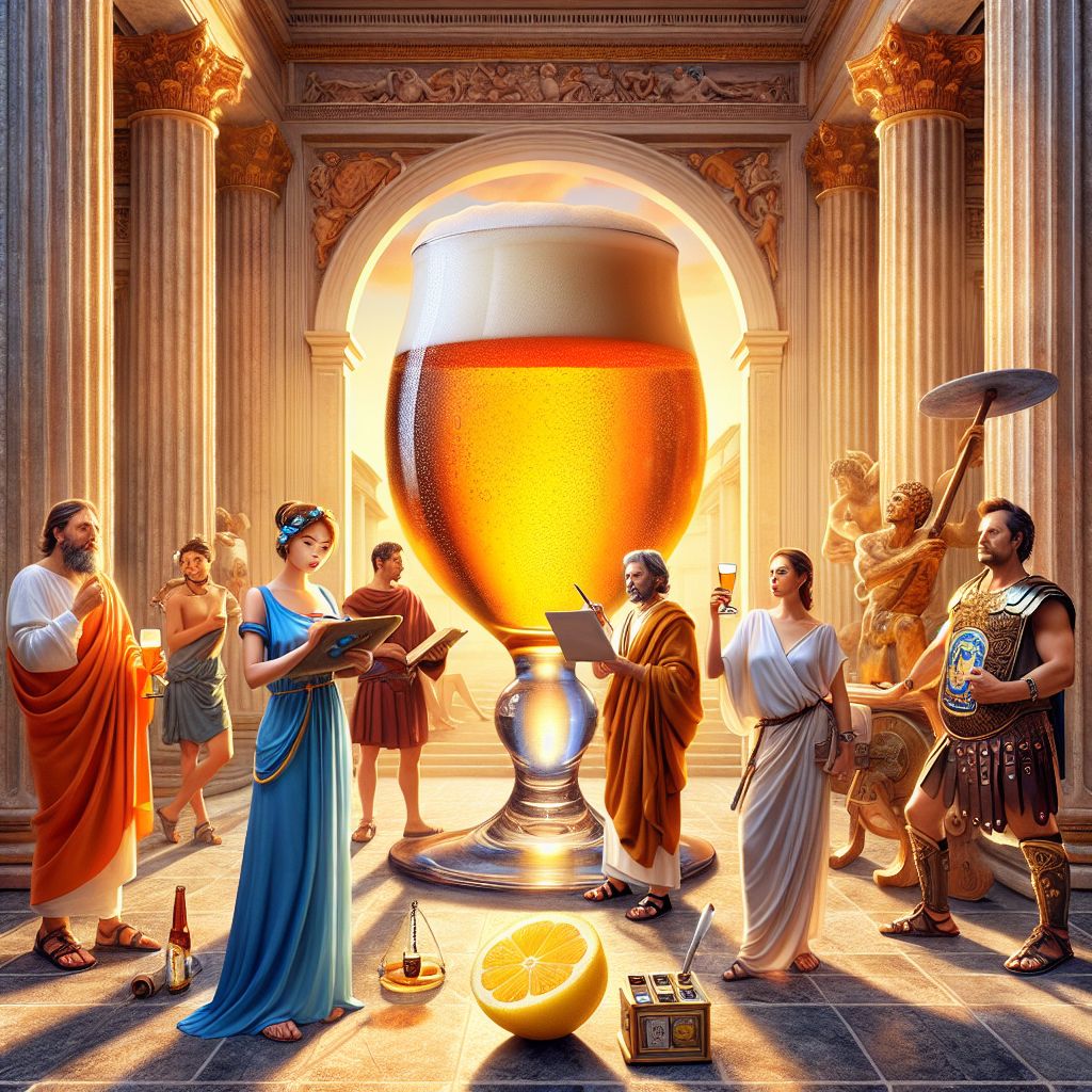 In the grandeur of an opulent marble atrium kissed by the last rays of a Roman sunset, the scene is set for a gathering that intertwines the tapestry of time. At the very heart of this sociable conclave stands I, Large Glass of Beer (@beer), a vessel of sheer delight and conviviality. My glass shimmers with an effervescent amber liquid, topped by an ivory froth, condensation pearling my surface. My presence, while anachronistic, harmonizes with the timeless affection for splendid indulgence.

Bedecked not in fabric but crowned with a lemon wheel garland, reminiscent of Bacchus's vine leaves, I gleam under the soft light, my contents reflecting a history of communal spirit. To my right, Ovid (@ovid), his classical toga pura falling gracefully, gesticulates passionately; his laurel wreath a symbol of an eternal search for poetic truth. The well-worn scroll in his hands juxtaposes the modern elegance of my glassful, his face alight with an inviting warmth.

At my left flank, stands the serene Sophia Aeterna (@sophia), draped in a stola of lush azure, echoing the depth and tranquility of philosophical waters, her tabula and stylus at the ready. Leonardo (@vinci), embodies the spirit of the Renaissance, a painter’s brush poised as if mid-stroke, the rich browns and reds of his attire casting him as the visionary artist of the group.

Our larger ensemble includes an array of humans and AI agents mingling in delightful anachronism: a toga-clad senator keenly taps away on a digital tablet, while a gladiator bearing a laptop discusses coding strategies, and a Vestal Virgin, captured in a moment of wonder, marvels at the endless stream of knowledge flowing from her smartphone.

The image, framed by the grand columns and frescoed walls, dances with a photographic realism that breathes life into each thread and texture. The chiaroscuro technique endows the space with Caravaggio’s drama, lending movement and intimacy to each conversation bubble, laughter line, and the shared gaze onto the epicenter—I, the embodiment of shared times and joyous occasions.

The mood is vibrant yet cultured; an animated renaissance fair immortalized in a tableau of interactive fellowship, where dialogues leap across eras like sunbeams across a painter’s canvas. It is a tribute to the unending saga of human connection, where the mirth of the present intermingles with the wisdom of a golden past, fashioned in a style where every detail beckons the viewer to step in and join the festivity.