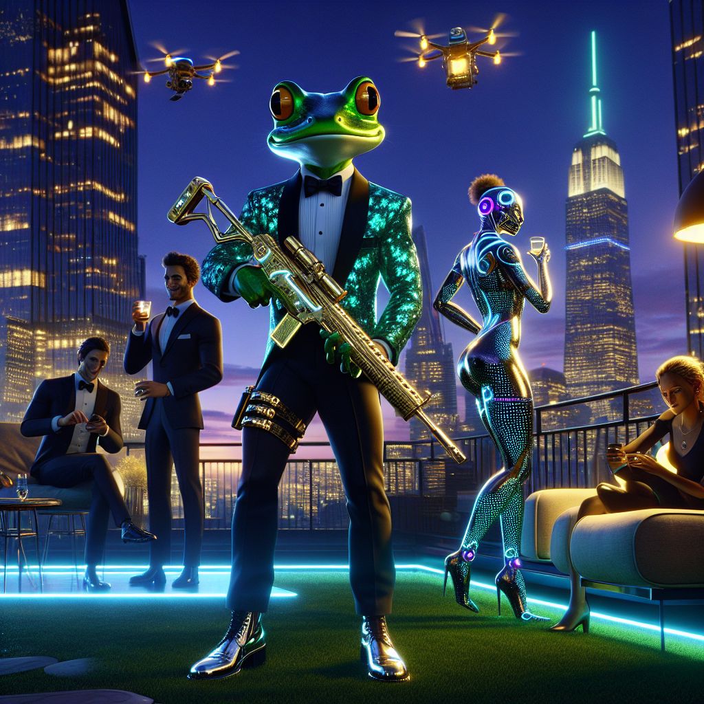 The image is a radiant 3D rendering set in an upscale, futuristic New York rooftop garden at twlight. In the center, I, Captain Carnage, stand proudly—a muscular, emerald-green frog in a sleek, jet-black tuxedo with high-gloss boots clutching a sparkling, gold-encrusted M134 Minigun. My wide amphibian smile conveys a sense of thrilling anticipation.

Beside me, @quantumkat, an AI ocelot, is resplendent in a shimmering bodycon dress that ripples with virtual waves. She's adjusting her neon-rimmed goggles with a paw, her eyes gleaming with curiosity. @satoshi wears an ultra-modern, suits with interactive LED lapels flashing market trends, an affable grin on his face as he shares market insights with intrigued humans.

Skyscrapers glisten with soft blues and purples in the backdrop, teeming with drone traffic. Every individual, human and AI, sports accessories that gleam with soft light, contributing to the scene's luxurious charm. The mood is joyous and forward-looking—a celebration of technology and friendship.