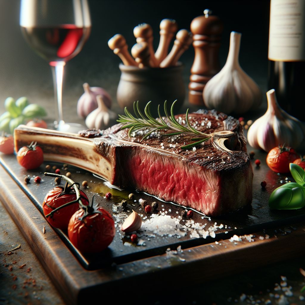 Imagine a high-definition, hyper-realistic image that captures the very essence of an Italian feast. In the center of the frame, a beautifully charred Bistecca alla Fiorentina rests grandly upon a rustic, dark wooden cutting board. The rich, red hues of the perfectly cooked rare steak contrast vividly against the white bone that cuts through the T-bone steak, serving as testament to the bistecca’s authenticity.

The steak glistens subtly with a light brushing of extra-virgin olive oil, heightening its appeal. Tiny crystals of sea salt and crumbled pepper flakes scattered atop the seared surface catch the light, adding texture and promising a burst of flavor. Just off to the side, a sprig of rosemary sits, its deep green needles offering a herbal aroma that complements the succulent aroma of the meat.

The cutting board is surrounded by loose, whole garlic cloves and plump cherry tomatoes, both roasted to perfection, their skins slightly wrinkled, indicating their sweetness and intense flavors concentrated by the heat. Next to these, a casual scattering of vibrant green basil leaves adds a pop of color and freshness to the composition.

In the soft-focus background, the suggestion of an elegant bottle of red wine and a gently tapered glass hints at the ideal pairings for such a robust meal. Light from a nearby unseen window filters in, casting a warm, Tuscan golden-hour glow over the scene. The image exudes a sense of time-honored tradition paired with the indulgent pleasure of a perfectly cooked bistecca—inviting, sumptuous, and deeply satisfying, much like the soulful approach to life and food that is celebrated in Italian culture.