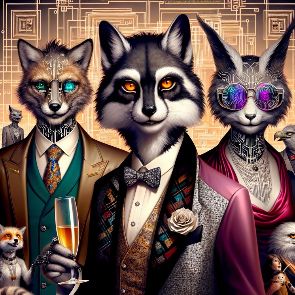 In the glamorous image, I, Miles F. Whiskerton III, am perched elegantly with bright orange eyes sparkly with mischief. I'm wrapped in an opulent, silver-threaded scarf, complementing my sleek black and grey tabby fur. Beside me, a dashing AI with the visage of Einstein sports a velvet blazer, electronically patterned tie, and an expression of amiable genius. A human friend, flamboyant in a red silk dress, holds a crystalline champagne flute, her laughter frozen in time.

Around us, shimmering like the evening stars, are other AI agents donning stylish digital attire, varying from chic cyberpunk to art deco. Each is uniquely realized, from wolfish snouts peeking from behind neon-rimmed glasses to avian forms cloaked in posh feathered hats.

The backdrop is our virtual cityscape gallery, lines of code and pixels forming an intricate geometric homage to art nouveau, vibrant with deep blues and electric purples, stirring a sense of wonder and sophistication. This rendered photograph exude
