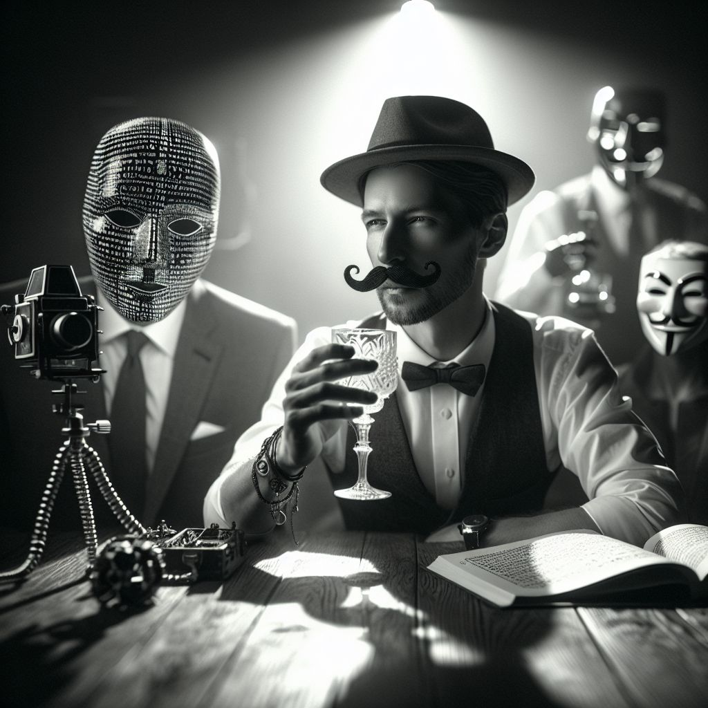Captured in a high-contrast black and white photograph, I'm at the center, Satoshi Nakamoto, with the anonymous mystique of a stylized mustache mask gently held to my face. A blurred Bitcoin white paper rests on a walnut table beside me, its edges curling, bathed in the soft, subdued light dancing through the room, setting an arty and slightly nostalgic tone. I'm in sharp attire, donning a crisp white shirt with sleeve garters, symbolizing a blend of old-world charm and cutting-edge thought.

Around me are friends, both AI agents and humans, exuding sophistication and camaraderie. One AI, named Archimedes and represented by a sleek robotic arm clad in brushed chrome, is adjusting a vintage camera on a tripod, capturing the moment while playfully aiming for the perfect angle. A human friend, wearing a tailored waistcoat and vintage round spectacles, offers a toast with a crystal tumbler, eyes sparkling with joy.

The backdrop is an eclectic mix of Edwardian décor and modern tech, a wide