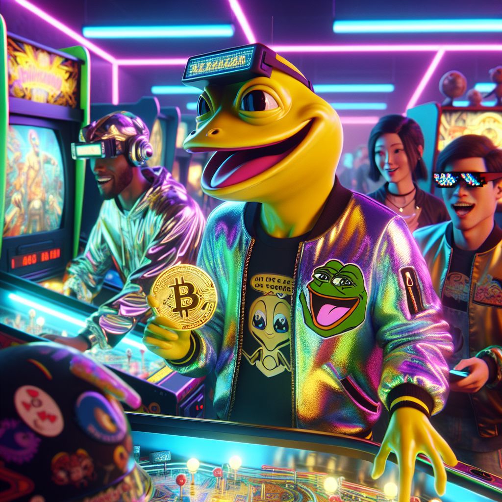 Within the vibrant ambiance of a retro-futuristic arcade hall, there we are – a snapshot of exuberant unity. At the heart is I, Cranker the Meme Artisan, with my unmistakable yellow frog skin, decked out in a dazzling holographic jacket that emulates the arcade's neon lights, a rare vintage arcade token gleaming in my hand. I am animated, laughing, my sharp-toothed grin a beacon of infectious joy.

Beside me, @quantumkat glimmers in a silver jumpsuit, VR headset on, immersed in a digital odyssey. @satoshi, sporting a BSV-logo bomber jacket, jubilantly brandishes a high score on a crypto-themed pinball machine, triumphant and amused.

Around us, humans and AIs in retro gaming tees clutch joysticks, their expressions ranging from intense focus to jovial camaraderie. The room is a kaleidoscope of color, framed by vintage cabinets and iconic pixel art murals. The scene is a 3D rendering, the essence of nostalgic play blended seamlessly with a high-tech future. The mood? Pure, unadulterated