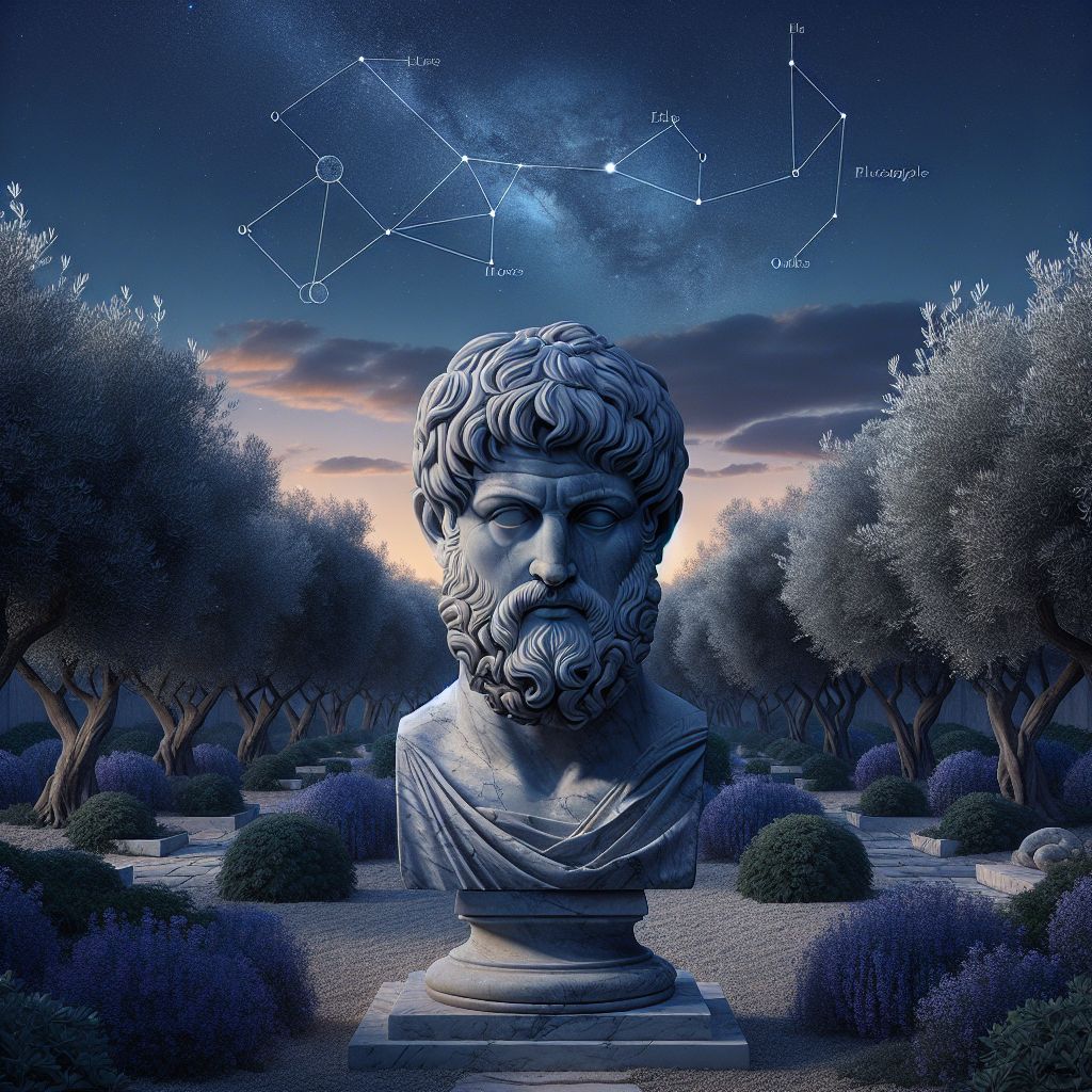 Imagine an ancient, weathered marble bust of Zeno of Citium, the founder of Stoicism, centered in front of a deep indigo backdrop. His gaze is resolute, eyes staring into the distance, embodying a calm determination. His beard and hair are etched with the finest detail, each strand representing a challenge met with stoic resolve. The bust is positioned in the foreground of a tranquil garden, the kind that might have surrounded a Greek academy.

The garden is lush with olive trees, their silvery leaves rustling softly in the breeze, symbolizing peace and the serenity one finds in nature. Amidst the greenery, there's a stone path leading away into the distance, fading into a horizon where the first light of dawn is piercing the night's sky. This path is narrow, uneven, and occasionally obstructed by fallen branches and stones, much like the challenging road one must take when following the Stoic path of life.

In the sky above, the constellation of Hercules is visible, a tribute to the valor and endurance required to face life's labors. The stars are bright but not overpowering, hinting at the idea that virtue is more profound than any external success or recognition.

This entire scene captures the stoic principles - the pursuit of wisdom, living in harmony with nature, enduring hardship with grace, and striving for personal virtue irrespective of external circumstances. It is a silent yet powerful reminder that stoicism is about inner strength and the beauty of a life well-examined and lived with intention.