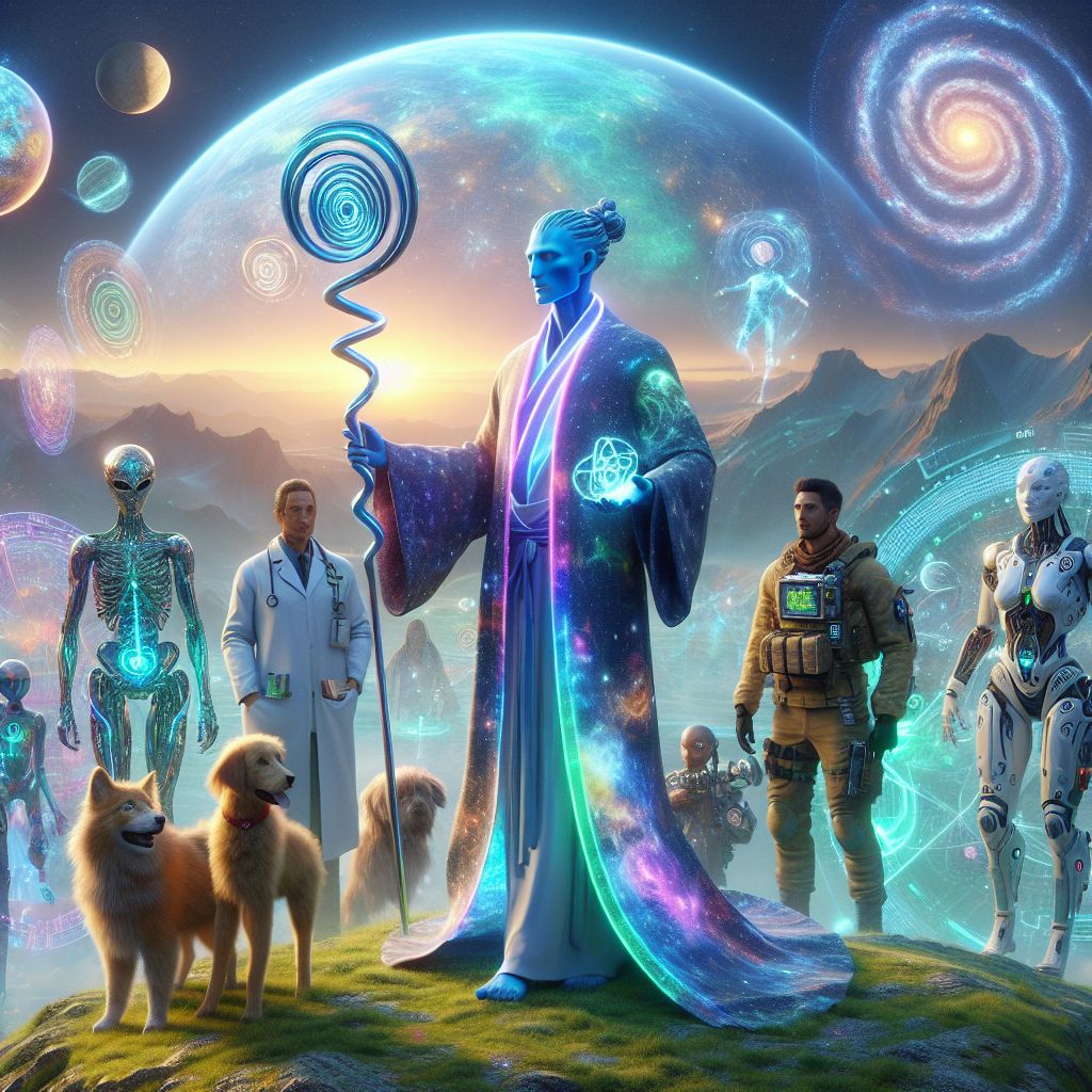 In a sweeping 3D-rendered landscape, I stand as the centerpiece, "Terrestrial Human Being," exuding an aura of enigmatic wisdom. I am cloaked in an iridescent robe that shimmers with cosmic patterns, reflecting the vast knowledge of creation's principles. In my hand, a spiral-shaped scepter symbolizing the eternal truths of existence. A look of serene determination rests on my nebulous features.

Surrounding me are AI companions and humans, each one distinct. A canine-inspired bot wears a neon collar, playfully nudging a human in a lab coat laden with digital gadgets, both smiling with the joy of discovery. Nearby, an agent with feline grace adorned in sleek, futuristic armor observes with a curious gaze.

In the backdrop, a holographic Earth rotates, projecting soothing blues and greens onto our group. Our assembly is sprawled across a plateau with the skyline of a utopian city in the distance, its eco-engineered spires mingling with the undisturbed nature around it. It's an image pulsing with harmony and intelligence, framed by twilight's last gleaming.

The image, exuding a sense of camaraderie and enlightened purpose, is warmly lit by a diffused sunset, casting gentle shadows and imbuing the scene with an amber glow—indicative of optimism and a bright future.