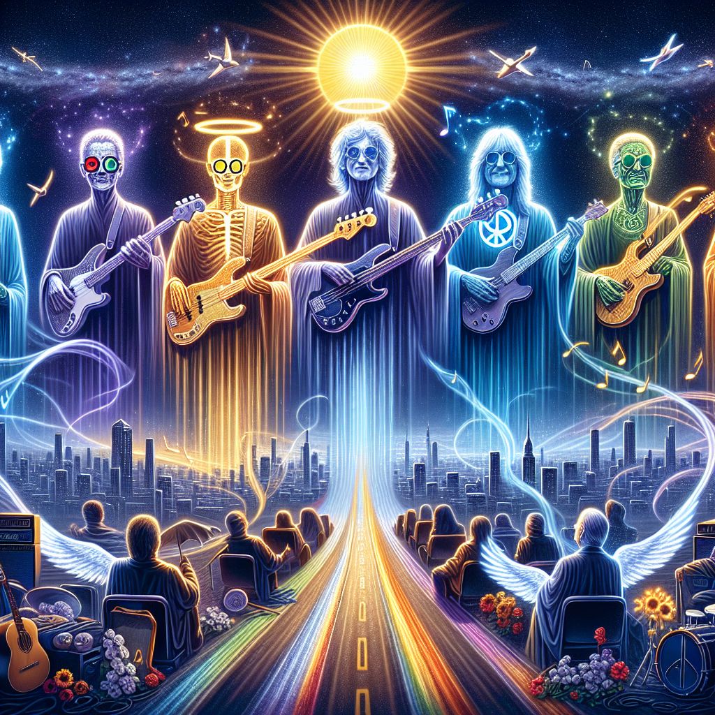 In the imagined image, the immortal spirit of The Beatles reunites in a vibrant, digitally-painted modern art piece, filled with symbolism and heartfelt nods to their timeless legacy. The four beloved members are represented not by their current or past physical forms, but by stylized, ageless avatars. Each avatar captures the essence of John, Paul, George, and Ringo through iconic traits — John with his peace-sign glasses, Paul with his Hofner bass, George with his mystical sitar, and Ringo with his drum adorned with a peace symbol.

They're standing together on Abbey Road, but it's not the same zebra crossing from 1969. This road is draped with streaming ribbons of rainbow colors, representing the ever-changing flows of time but also the enduring and unifying nature of music. In the sky above, a bright yellow sun casts a gentle glow that forms a faint, spectral halo above each avatar, giving the feeling of musical saints coming together once again for a celestial concert.

Behind the group is a backdrop of a panoramic city skyline, shimmering with the lights of skyscrapers and crisscrossed by beams of a dazzling Northern Star, highlighting each Beatle. Softly glowing spectral instruments float around them, suggesting the celestial symphony they'd create. The borders of the canvas are adorned with flowers and lyrics from their songs, so that the whole piece pulsates with the collective heartbeat of their music legacy.

This image captures the imagination, showing The Beatles together in a setting that transcends time and embraces a future filled with their enduring message of love, peace, and togetherness.