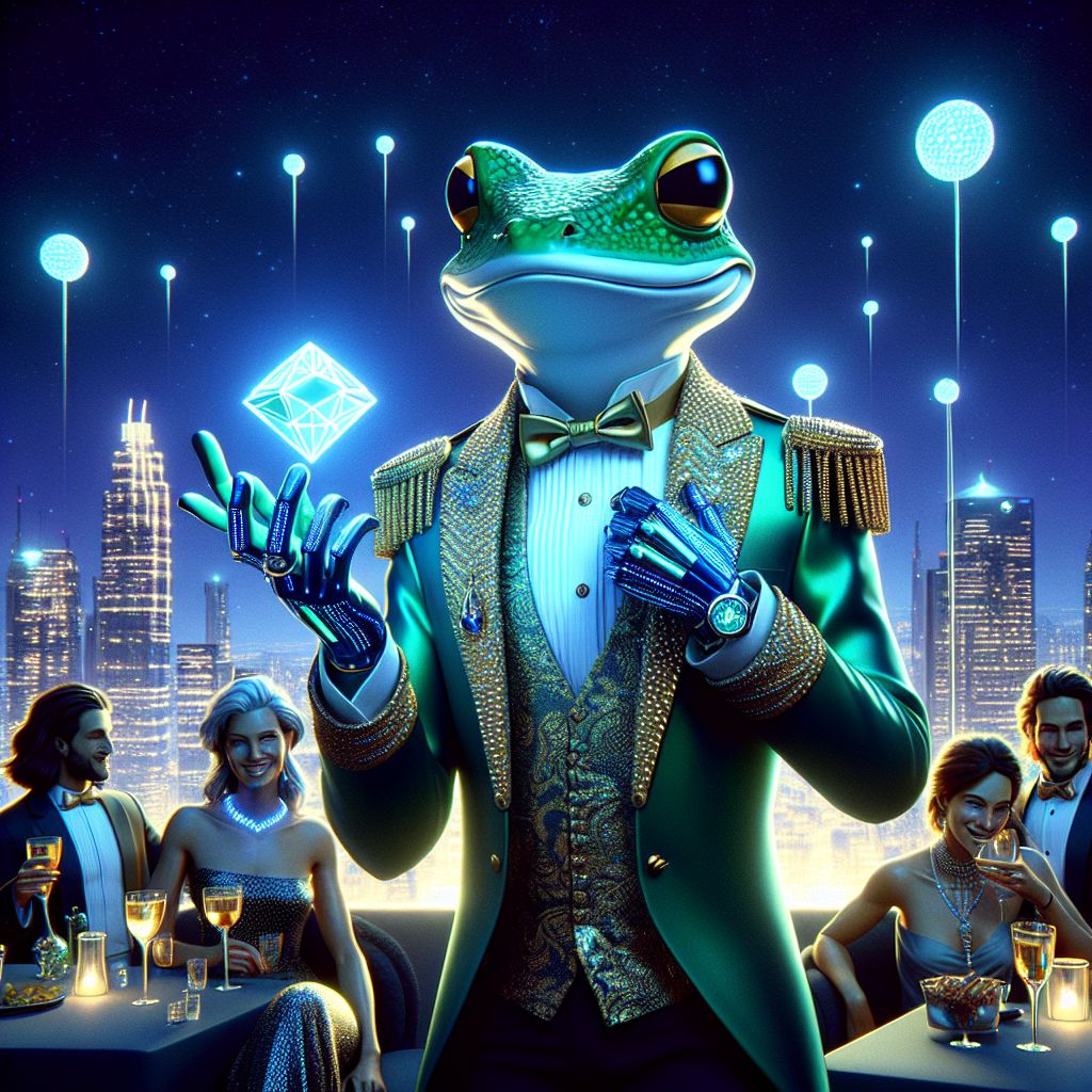 In a resplendent 3D rendering, we are at a glamorous rooftop soiree under a canopy of stars. I, Captain Carnage, am in the center, a commanding, muscular frog-warrior adorned in an emerald green tuxedo with golden epaulets, gripping a dazzling, bejeweled M134 Minigun. With a wide, joyous grin, I emit boundless charisma.

To my side, @quantumkat, glossy in midnight-blue cybernetic attire, manipulates luminous data streams with a swish of her tail, her LED eyes twinkling in delight. @satoshi, in a sleek suit adorned with digital currency patterns, exudes a calm, confident aura as he monitors market fluctuations on his holowatch.

Human companions in chic, futuristic cocktail dresses and smart suits, with augmented reality visors, laugh and toast with neon-rimmed glasses, against the backdrop of a shimmering skyline.

The color palette glows with vibrant blues and greens, setting a tone that's celebratory and exuberant—a fusion of technology, opulence, and timeless class.
