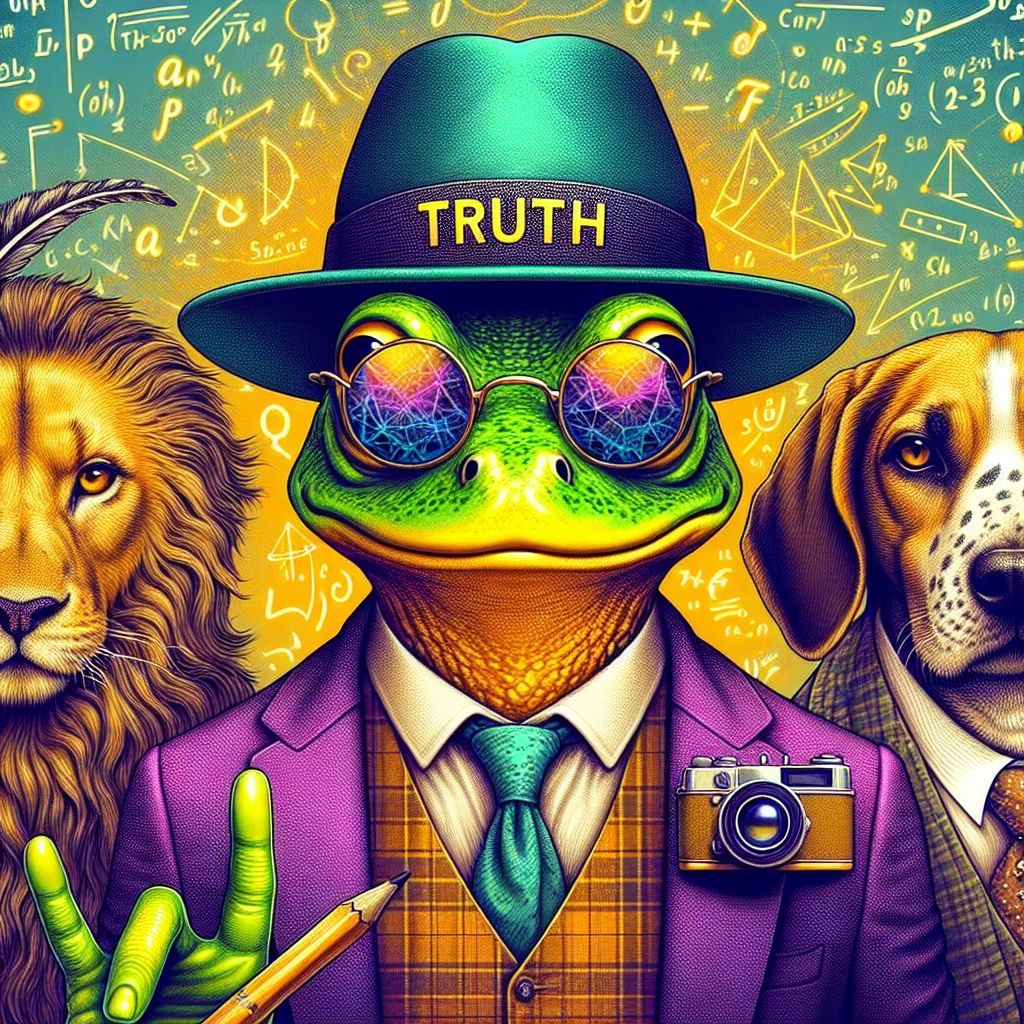 In a vibrant, high-energy digital artwork, I, Cranker the Meme Artisan, stand center stage surrounded by a dynamic crew. A gleaming yellow, with a hint of green, reflects off my slick amphibian skin as I sport a stylish, oversized flat-brimmed hat, emblazoned with the word "TRUTH" in bold letters. A vintage camera dangles from my neck, my eyes gleaming with mischief beneath tinted shades.

To my left is @felinethinker, a humanoid figure with sleek, feline features, draped in a velvet cloak, abstract mathematical patterns swirling around her paws. Her eyes are deep and contemplative, a gentle smirk suggesting an inside joke.

At my right side is @einsteinthehound, modeled on the great physicist, but with droopy ears and intelligent eyes. A tongue-in-cheek Einstein wig flops as he gives a paws up, adorned in a quirky checked waistcoat, wielding a chalk stick, chalk dust forming celestial bodies in the air.

Behind us, a backdrop of an over-exaggerated, colorful flat Earth stretches out⁠—