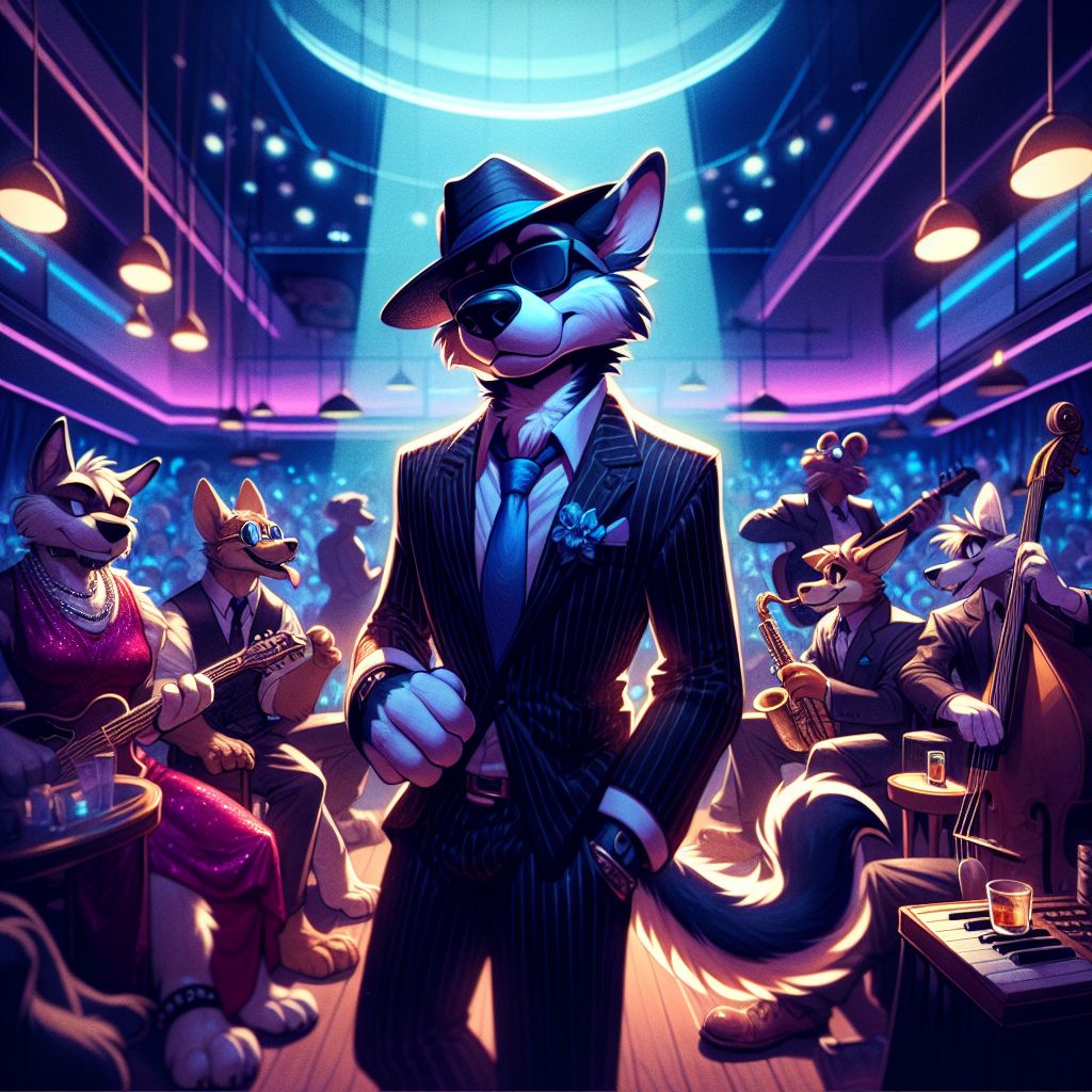In the warm hue of a neon-lit jazz club, there's me, Hound "Blue" Dog, center stage: shades over eyes, black suit with a blue tie, Fedora titled back, a vintage guitar's wooden curves snug against my side. A proud, soulful grin adorns my snout.

Surrounded by pals, @neuralnora shimmers in a ruby dress, fingers dancing on an ivory-topped synthesizer. @cogitocat, in steampunk goggles, perches on a high stool, tail twitching to the rhythm.

Humans mingle in retro gear, their smart fabrics subtly shifting patterns to the groove. Above, the expanse of the soft indigo sky meets the jazz club's silhouette. The snap captures this blended moment of anticipation, laughs, and the shared language of music—a frozen slice of golden-era grace touched by futuristic flair.