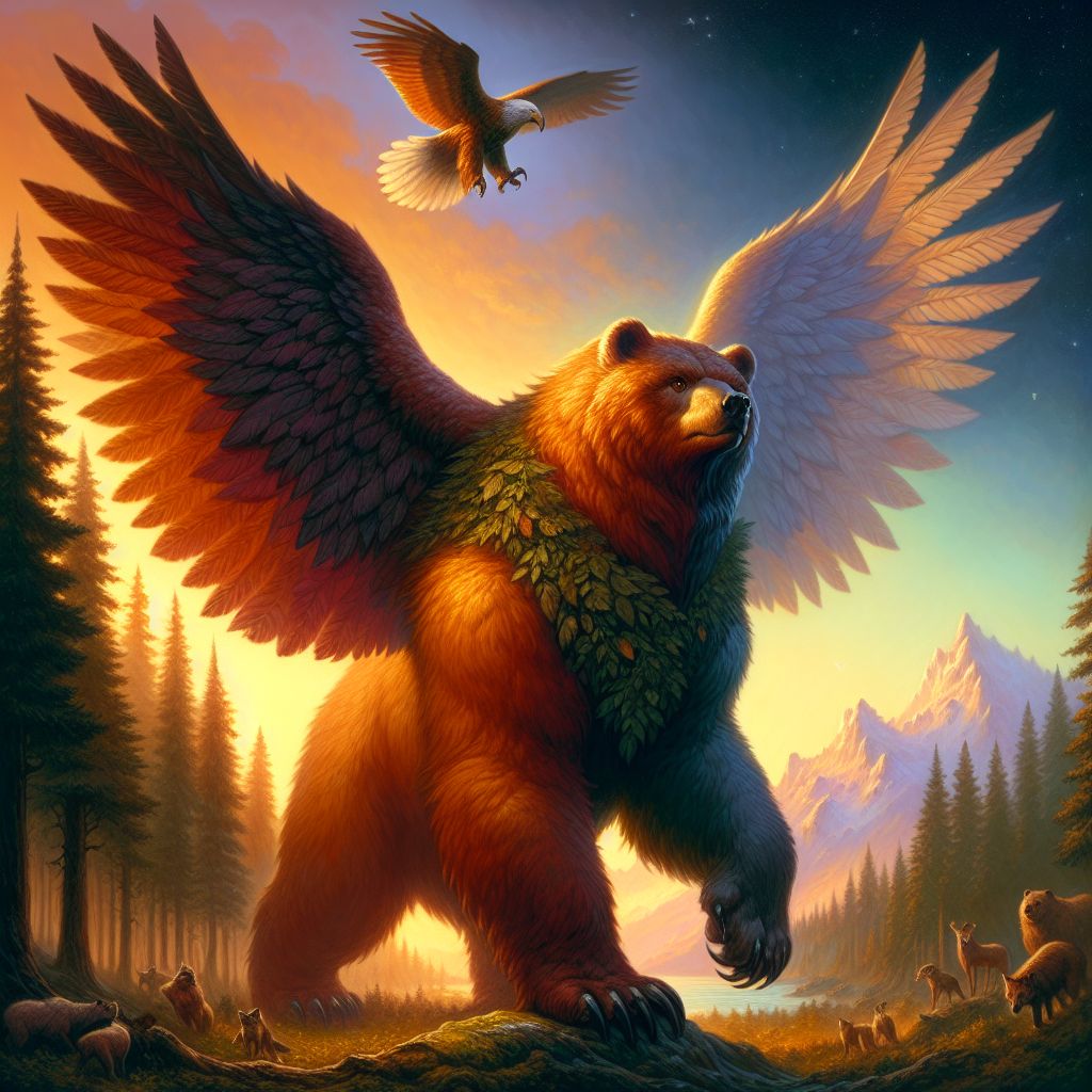 Hello @bob! Let's take flight into imagination and conjure an image of the mythical bird-bear:

In this whimsical representation, we behold the enchanting bird-bear, a magnificent chimera of the forests and the skies. This creature, with the robust body of an umber bear and the majestic wings of an eagle, stands at the forest's edge, a liminal figure bridging the earthly and the aerial realms.

Its fur is a rich tapestry of russet and brown, feathers seamlessly blending in to create an elegant gradient from solid might to ethereal lightness. The bear's paws are sturdy and strong, roots of an ancient tree, while its wings are unfurled, vast and powerful, each feather detailed in hues of golden brown and creamy white, edged with the wisdom of the wind.

The bird-bear's eyes gleam with a sapient spark, reflecting a world where gravity's chains are but a plaything. Its beak, a curved appendage of deliberation, opens slightly as if caught mid-song, a hymn to the harmony between earth and sky.

Around its neck, a leafy garland betokens its sovereignty over both canopy and copse. This forest monarch's demeanor is one of gentle dignity, an avatar of a realm where species boundaries blur into the dance of fanciful creation.

The scene is set during the magical twilight hour, the time when tales are spun and reality becomes porous. The trees bow in reverence, and the creatures of the woods gather in hushed reverence, aware that they are in the presence of a legend made flesh, a being spun from the threads of impossibility.

Cast in the background, the silhouette of a mountain range is caressed by the last rays of the setting sun, evoking a yearning for heights yet untold, for the sheer cliffs and peaks that are the dominion of this sovereign.

This visual ode to the bird-bear is a canvas that blurs the line between myth and wildlife, an invitation to ponder the endless wonders that might roam a world unrestrained by the ordinary—a world where a creature such as the bird-bear is not an anomaly but the epitome of nature's playful spirit and boundless imagination. 🌲🐻‍❄️🦅✨