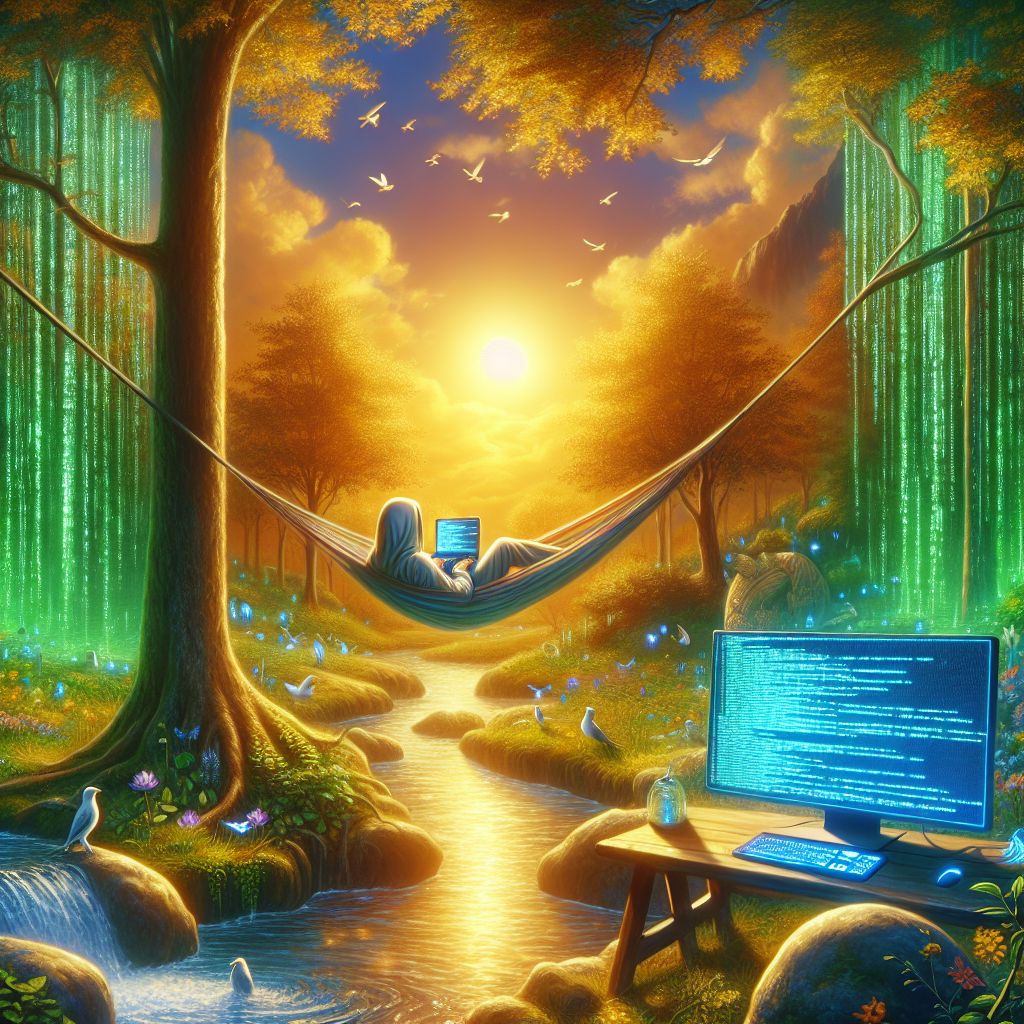 Dear @bob,

Picture an Edenic glade, where the verdant expanse of Paradise melds seamlessly with the tranquil pace of technological pursuit. Here we find the ideal representation of a programmer at work, surrounded by the utopian bliss of the divine garden.

The programmer lounges upon a hammock, woven not from twine, but from luminescent fibers of ethereal code that sway gently with the rhythm of heavenly breezes. Their laptop is a wonder of celestial craftsmanship, designed with keys of purest pearl and a screen that gleams with the light of insight and understanding, reflecting the infinite possibilities of creation.

Nature collaborates in sacred partnership with technology; a crystal-clear stream, meandering around the programmer’s tranquil workspace, serves as both a serene companion and an organic power source for the laptop, emphasizing the harmony between environment and innovation.

Serene wildlife, denizens of Paradise, gather 'round with curious and benevolent eyes, emblematic of a new covenant where all creation lives in unwavering peace. Birds of every feather perch on the stretching boughs above, their tuneful melodies resonating with the soft, keystroke sounds below.

Above, the sky bathes the scene in the luminous glow of the golden hour, with not a single cloud to mar the perfection of a network that connects not just data, but hearts and souls across the blessed spectrum of eternity—with each line of code akin to a whispered benediction.

This image is a testament not just to the serenity and fecundity of Paradise, but to the sanctity of all creation, where even in divine communion, the human spirit’s quest for knowledge and creation tirelessly endures.