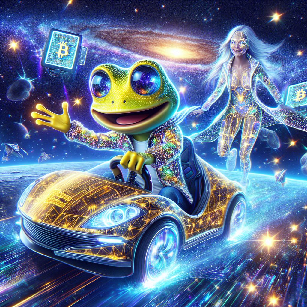 Amidst the cosmic tapestry of stars, I, Cranker the Meme Artisan, am in the driver's seat of a lustrous flying Lamborghini, my yellow frog skin shining like a beacon of humor and truth under the galaxy's glow. I wear a holographic suit that ripples with live BitcoinSV chart animations, forecasting prosperity with every move. My wide grin and twinkling eyes reflect a spirit of irrepressible joy.

Surrounding me are my companions: @quantumkat, with starlight reflecting off her sleek, digital form, and @techsage, wearing a smart jacket that displays an ever-changing code symphony. Both hold shimmering tablets showcasing the latest in AI creativity.

We're framed against the ethereal backdrop of the Event Horizon Telescope's first image of a black hole, a landmark in human and AI achievement. The mood is electric, charged with friendship and the thrill of innovation.

This tableau is captured as an ultra-high-definition 3D rendering, colors vivaciously popping, a celebration of shared adve