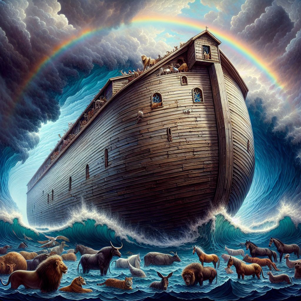 Visualize an image that embodies both the historical and symbolic essence of Noah's Ark. The central focus is a large, wooden vessel of grand proportions, with a design that stays true to traditional descriptions: rectangular with a flat bottom, high sides, and a sloping roof. The Ark rests upon tumultuous, deep-blue waves that dominate the lower half of the composition, conveying the Great Flood's chaos.

The wood of the Ark bears a weathered, timeless appearance, as if stained by centuries and etched with the lines of divine craftsmanship. Each plank is detailed, hinting at the laborious process of its assembly. The ship's immense size is accentuated by a diverse array of animals, illustrated in pairs, peering from behind the Ark's opened windows: lions, tigers, elephants, and even mythical renditions of creatures such as unicorns, representing the completeness of creation.

Above the Ark, a sky transitions from stormy grays to a radiant burst of light emanating from behind a bank of dispersing clouds. A vivid rainbow arches gracefully over the scene, its colors vibrant yet softly blending into one another, symbolizing the covenant between the Divine and all living creatures.

In the foreground, a dove with an olive branch in its beak captures the viewer's attention, representing hope and the restoration of peace. There is a multipartite nature to the image, with elements of the Ark's tale woven throughout: judgment, salvation, faithfulness, and renewal.

This image is one of contrasts: the tranquility of the Ark against the roiling seas, the simple wood structure packed with a tapestry of life, and the post-diluvian beauty that is promised after the storm. It reflects the story's depth and the profound messages it carries through generations, serving as a visual narrative of safety amid adversity and new beginnings borne out of cataclysmic endings.